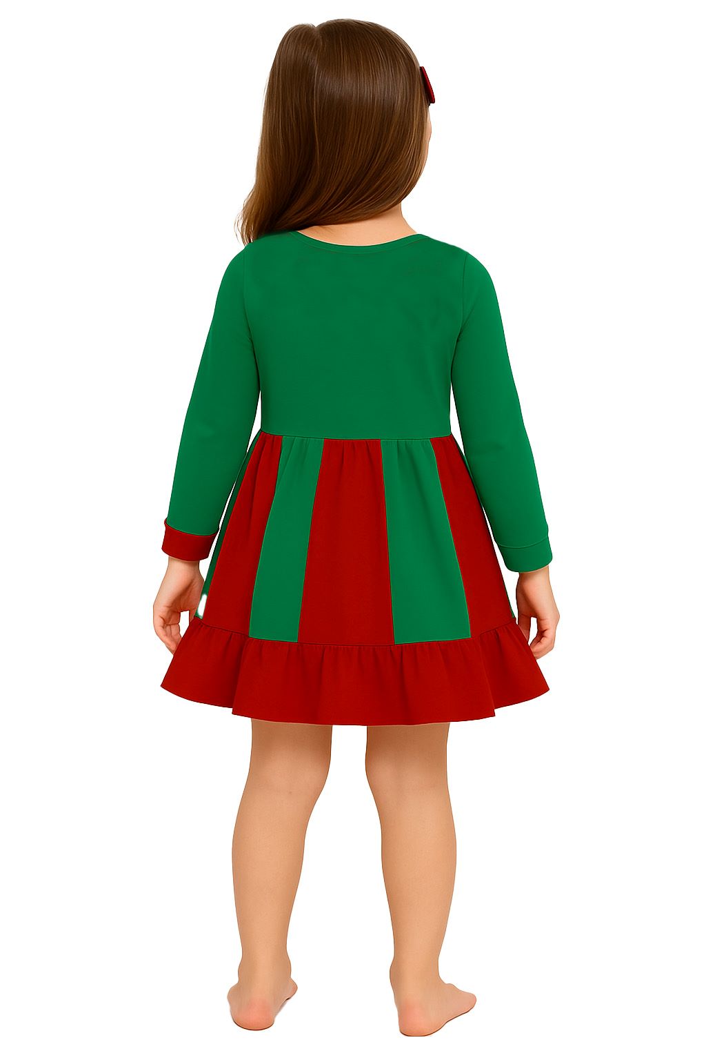Noel Temalı Yeşil - Kırmızı Kurdeleli Kız Çocuk Elbisesi