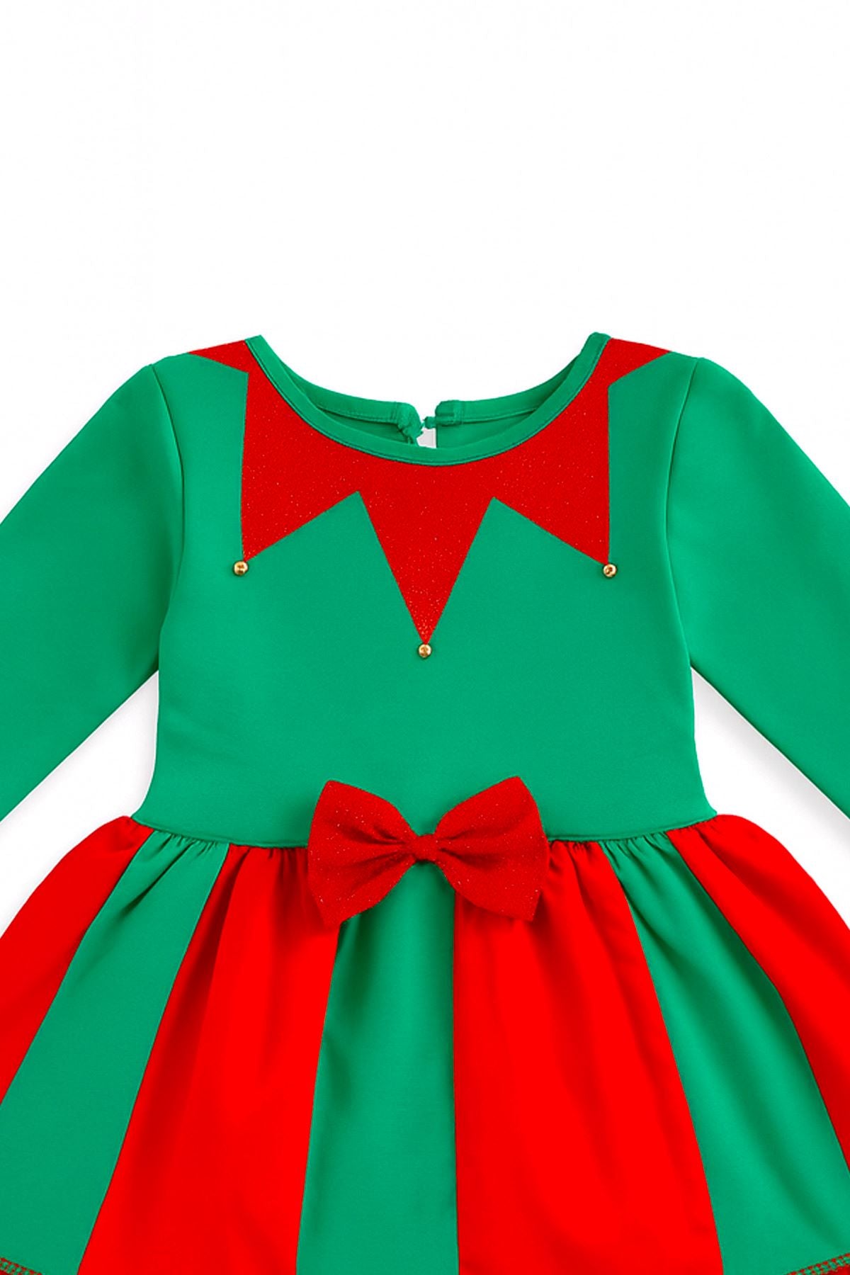Noel Temalı Yeşil - Kırmızı Kurdeleli Kız Çocuk Elbisesi