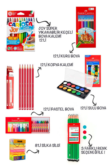 Okul İçin Kırtasiye Seti ( Carioca-Kuru Boya-Kopya Kalemi-Sulu Boya-Pastel Boya-Silgi-Kurşun Kalem )