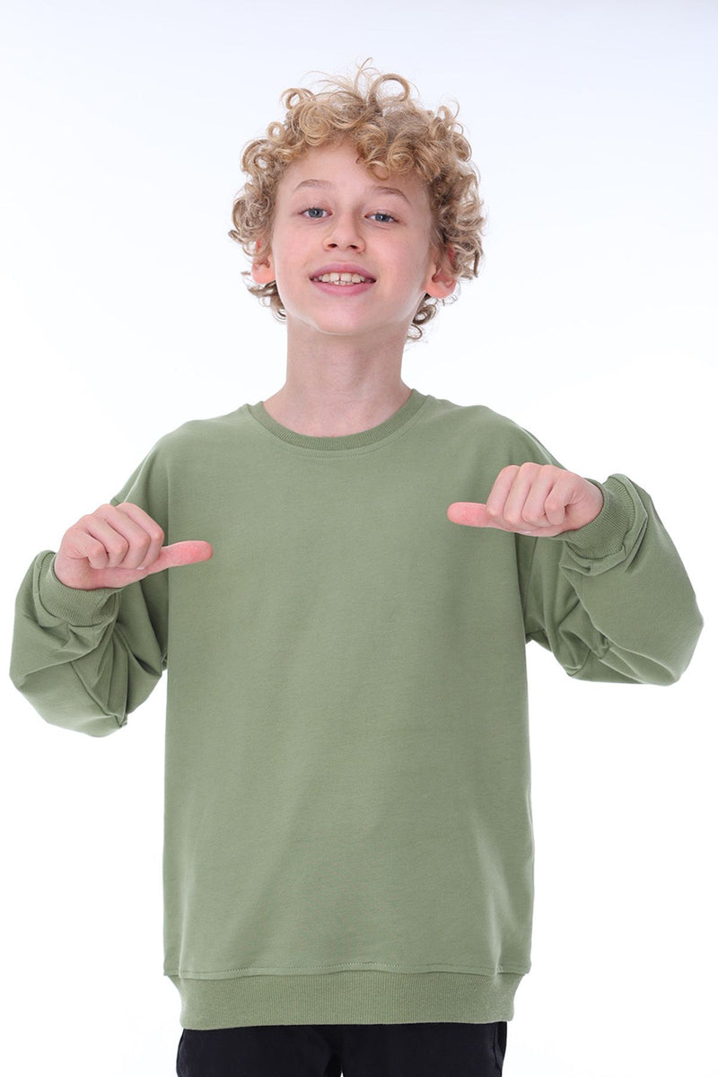 Unisex Basic Düz Haki Renk %100 Pamuk Sweatshirt (2-11 Yaş)