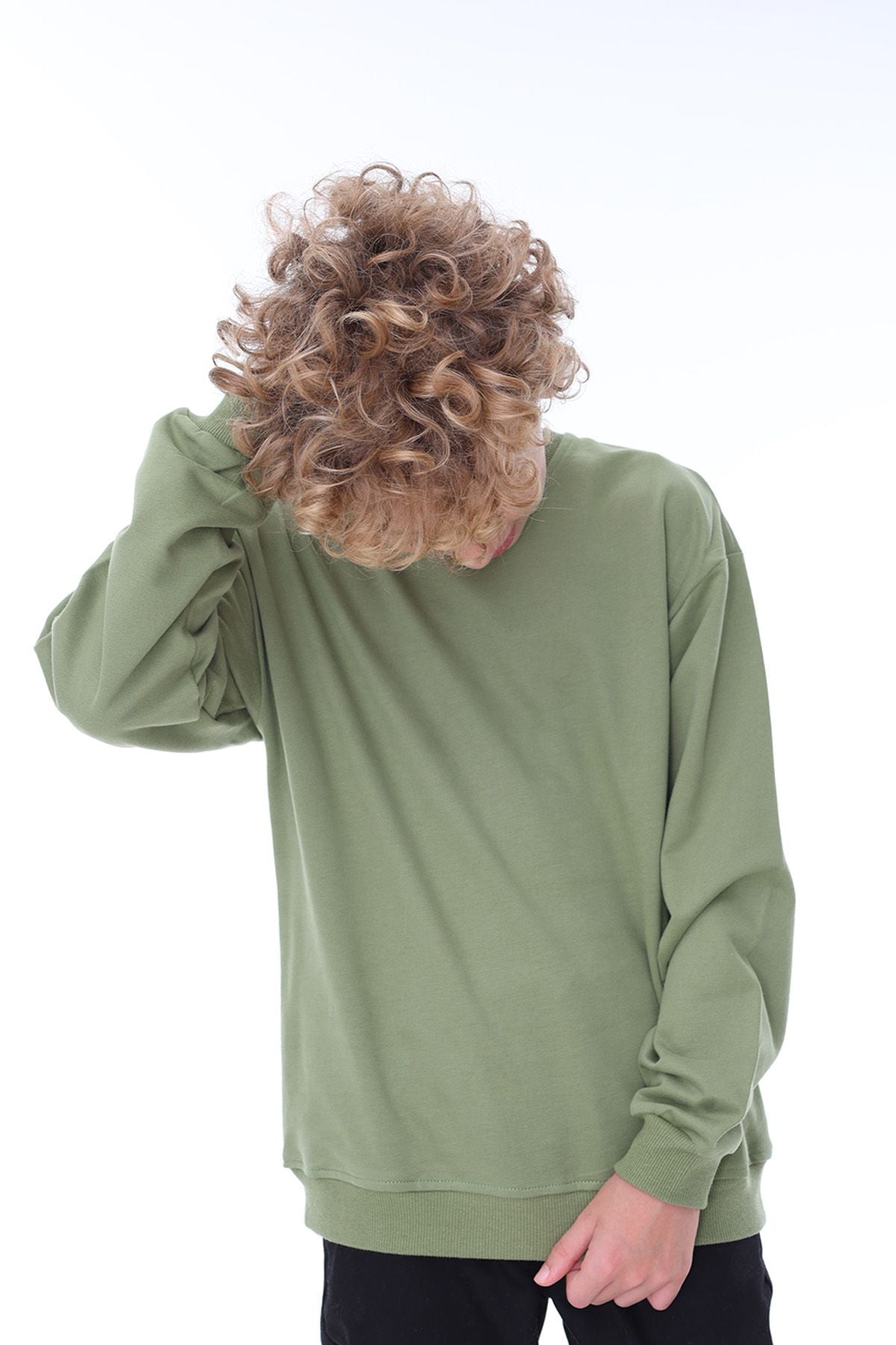 Unisex Basic Düz Haki Renk %100 Pamuk Sweatshirt (2-11 Yaş)