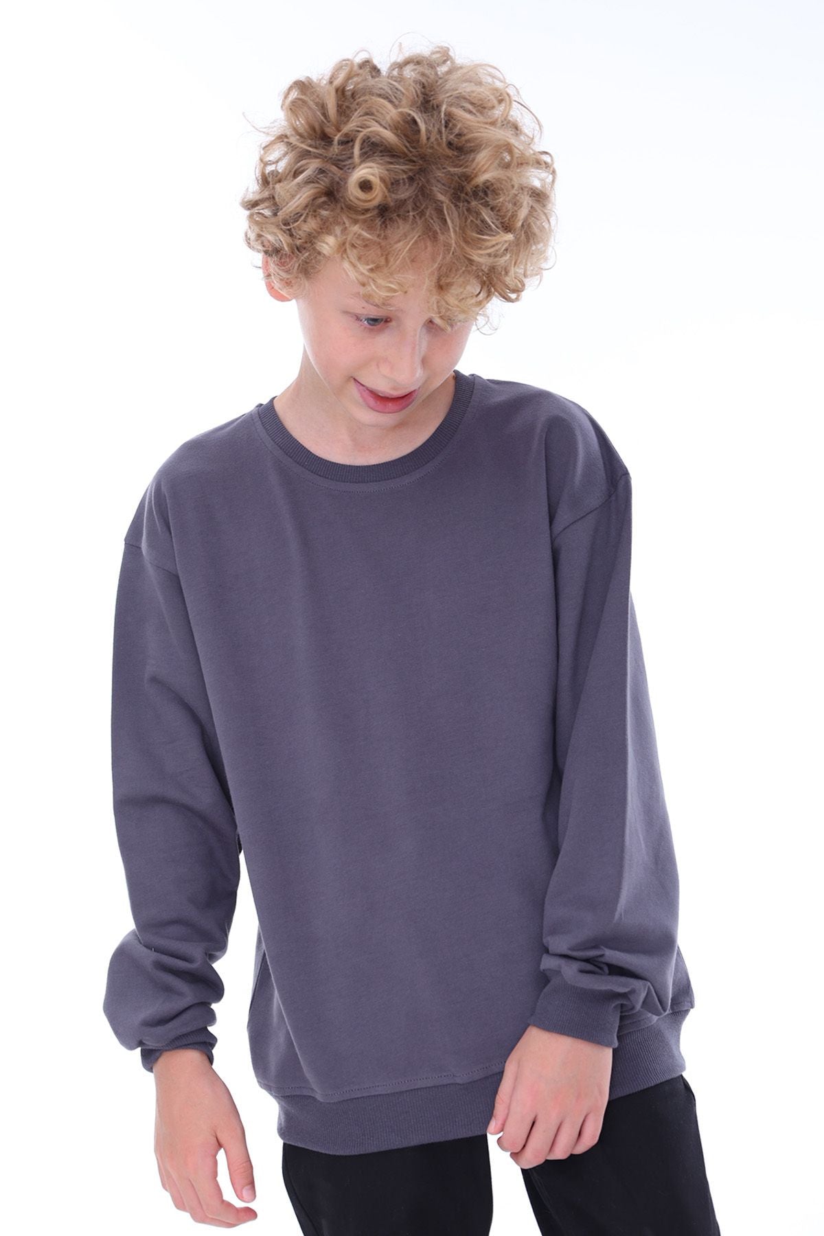 Oversize Unisex Basic Düz Siyah Renk %100 Pamuk Sweatshirt (2-11 Yaş)