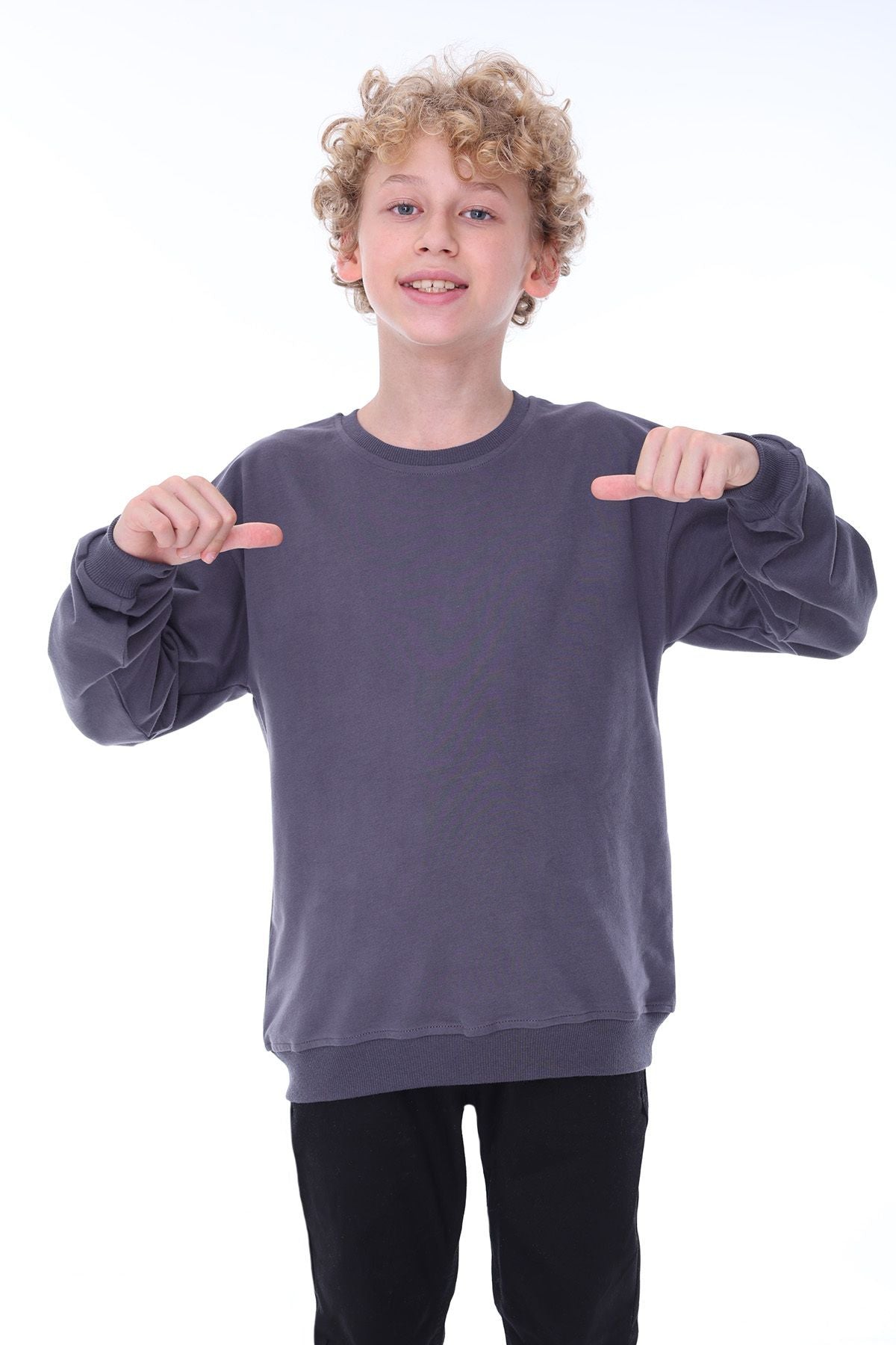 Unisex Basic Düz Antrasit Renk %100 Pamuk Sweatshirt (2-11 Yaş)