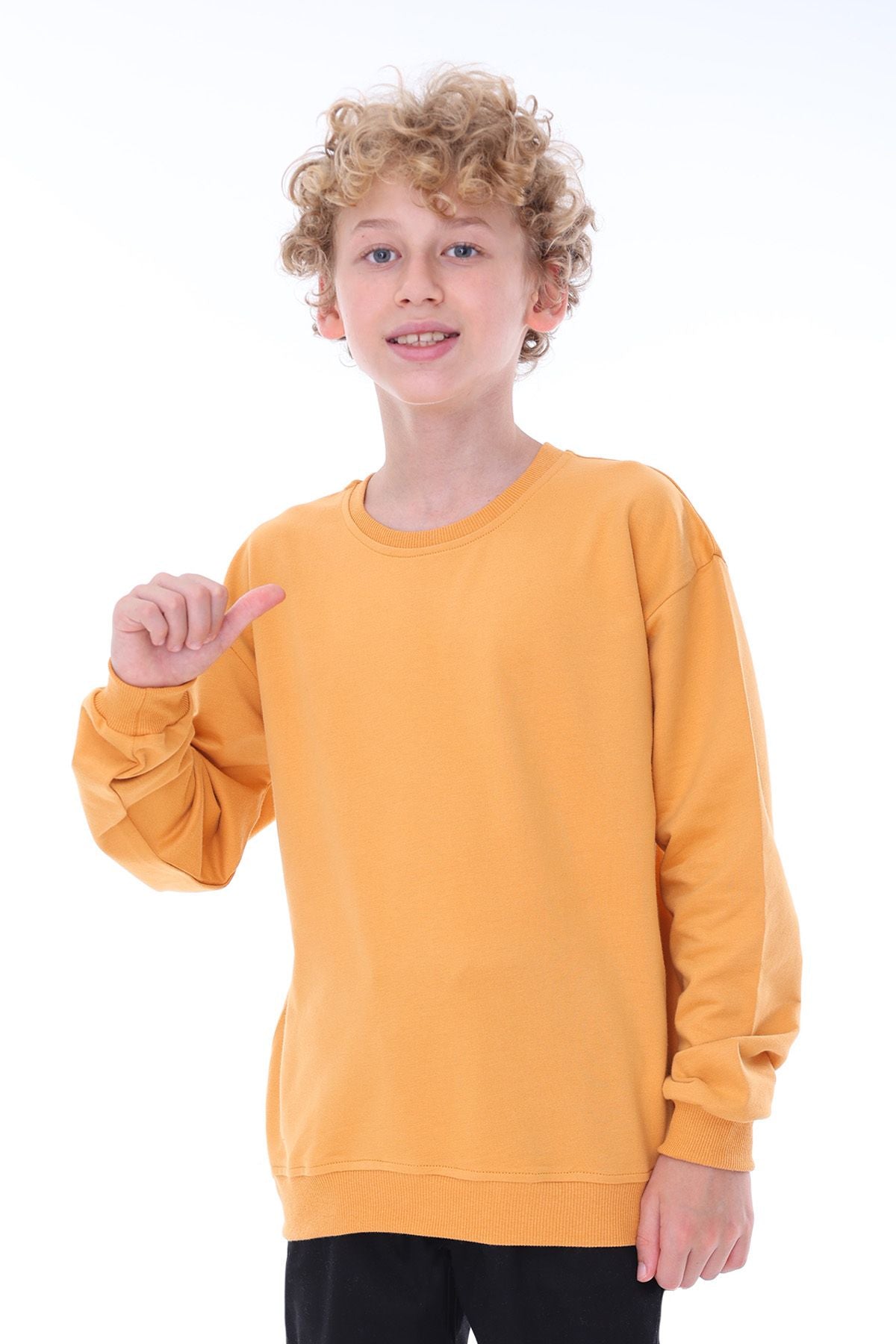 Unisex Basic Düz Hardal Renk %100 Pamuk Sweatshirt (2-11 Yaş)