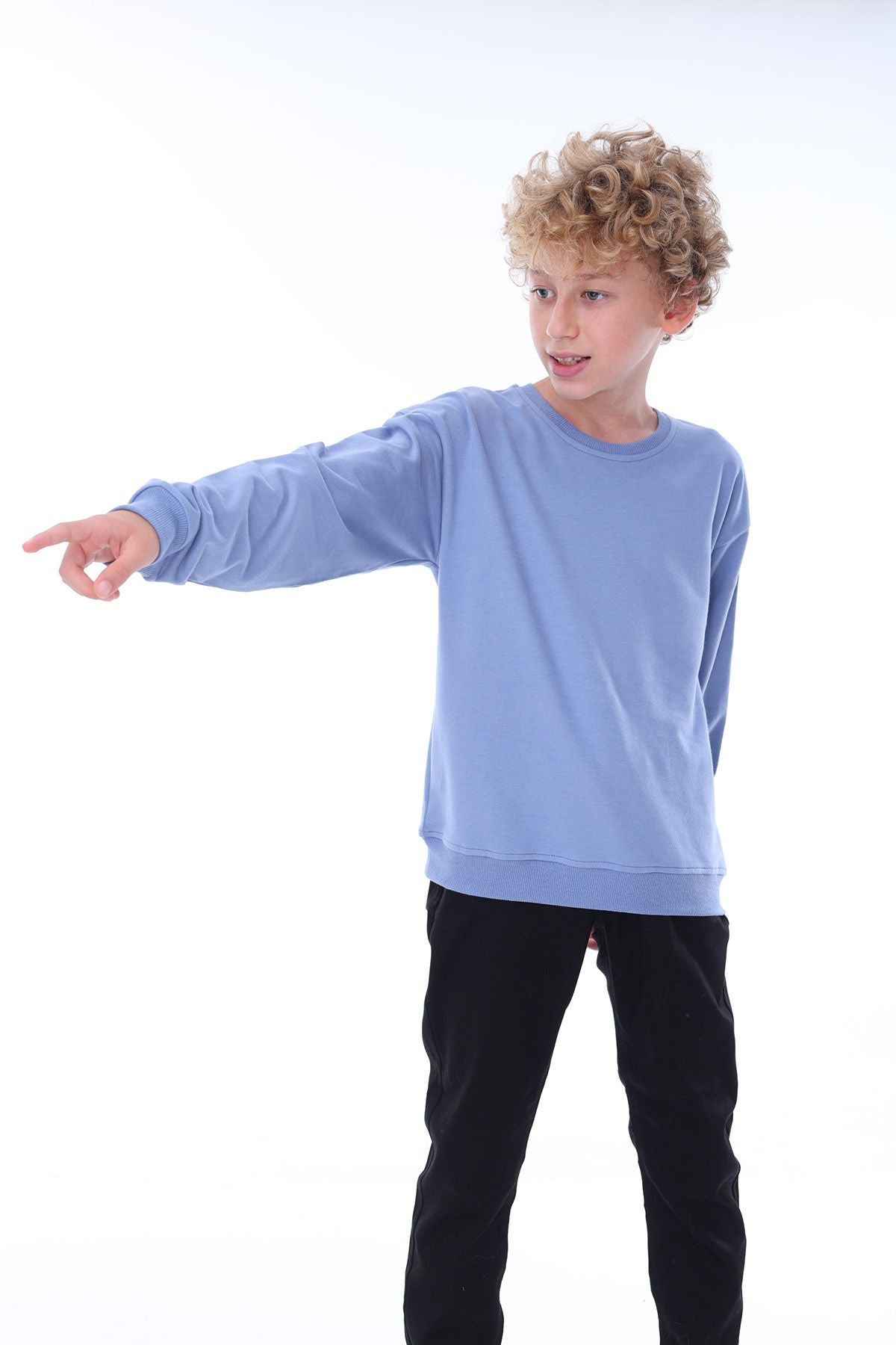 Unisex Basic Düz Mavi Renk %100 Pamuk Sweatshirt (2-11 Yaş)