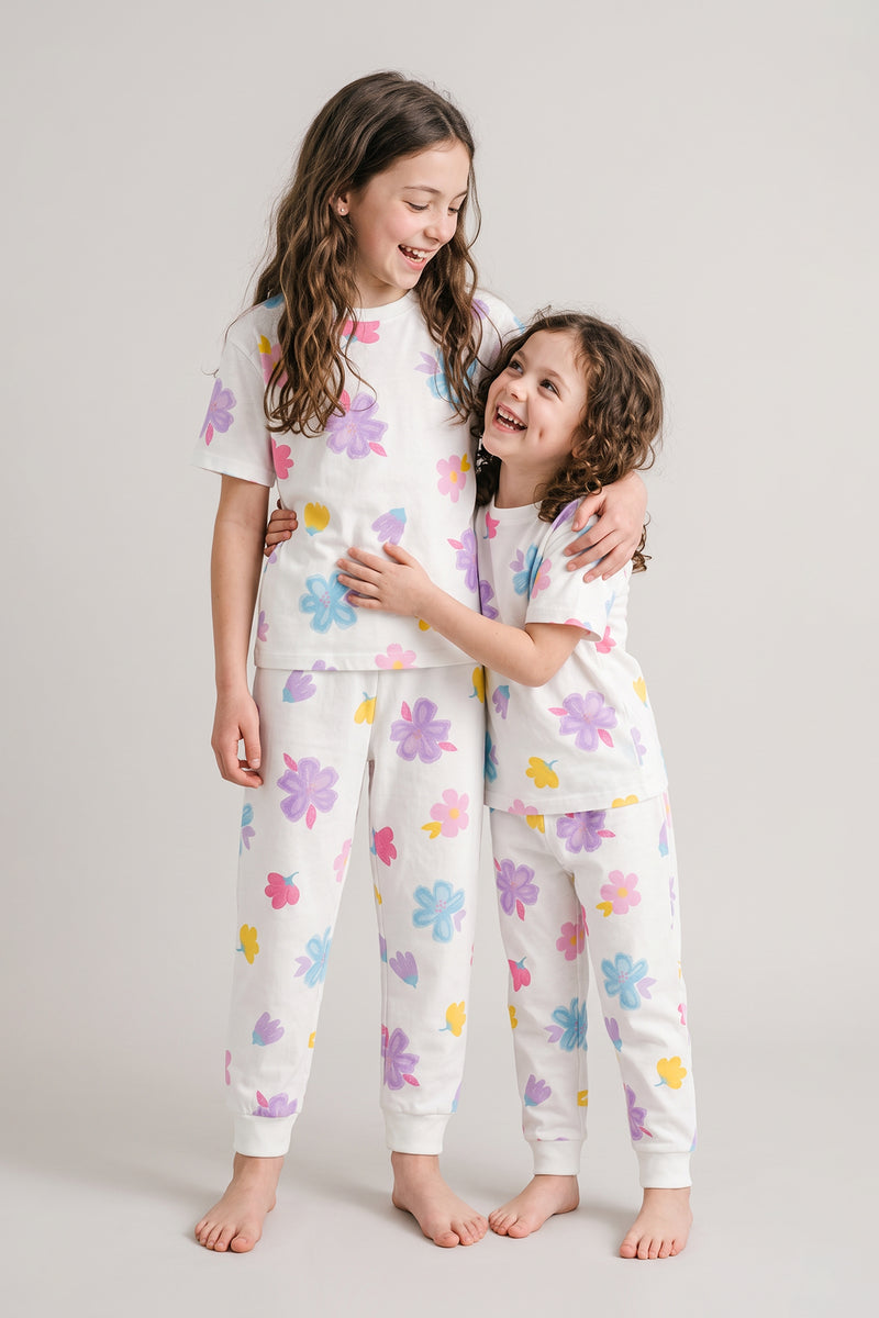 Pastel Renkli Çiçek Desenli Beyaz Kız Çocuk %100 Pamuk Pijama Takımı