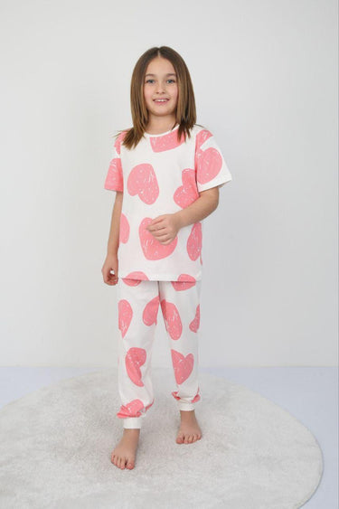 Pembe Kalp Desenli Kız Çocuk Pijama Takımı