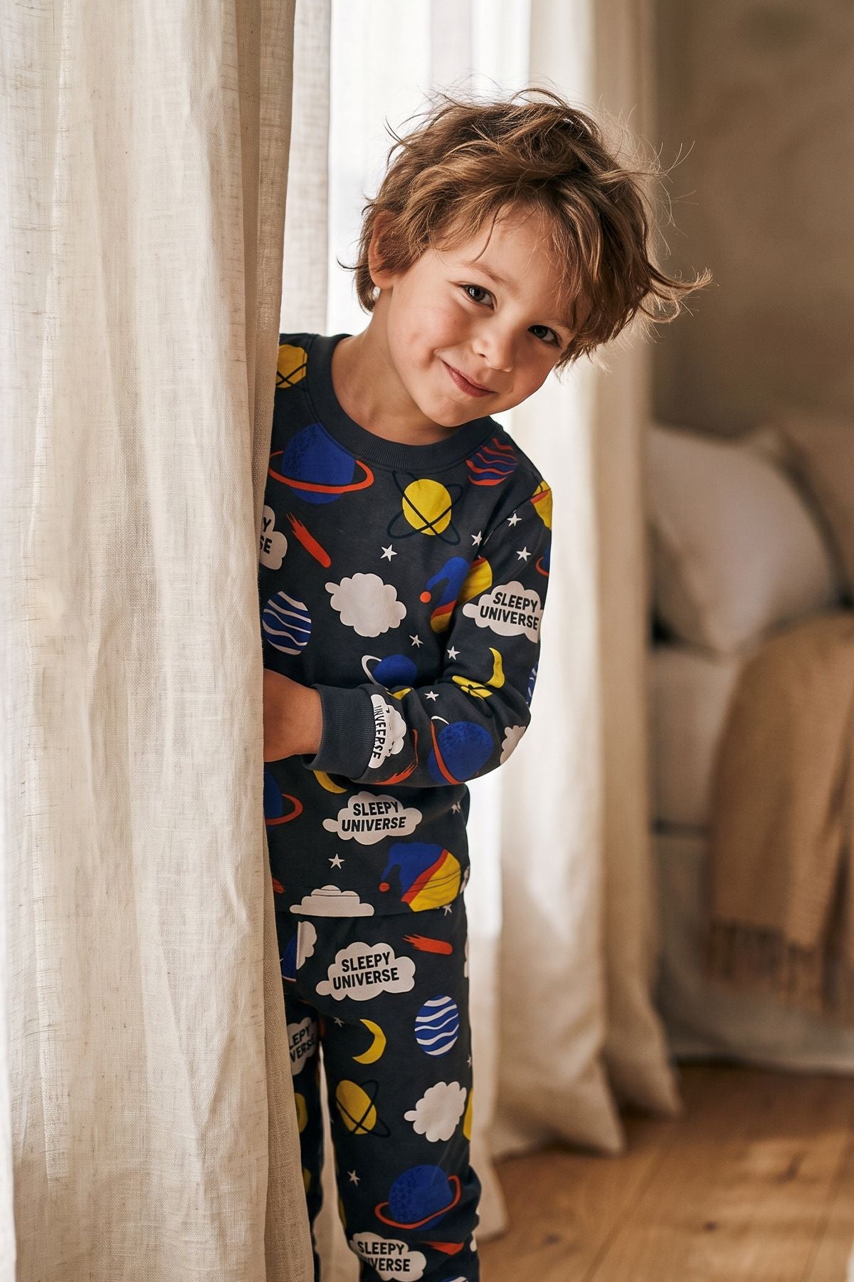 Planet Pattern Uzun Kollu Erkek Çocuk Pijama Takımı