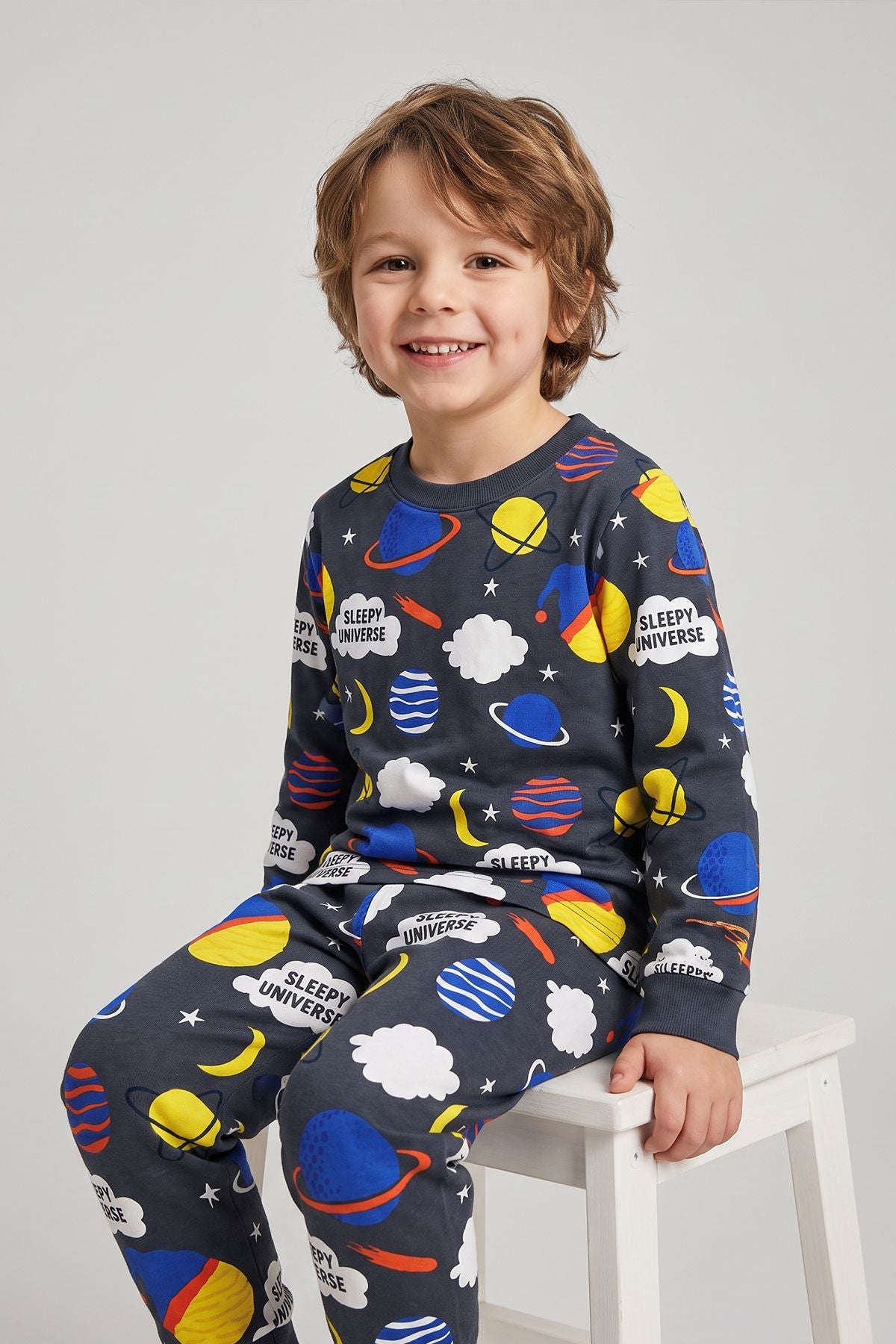 Planet Pattern Uzun Kollu Erkek Çocuk Pijama Takımı