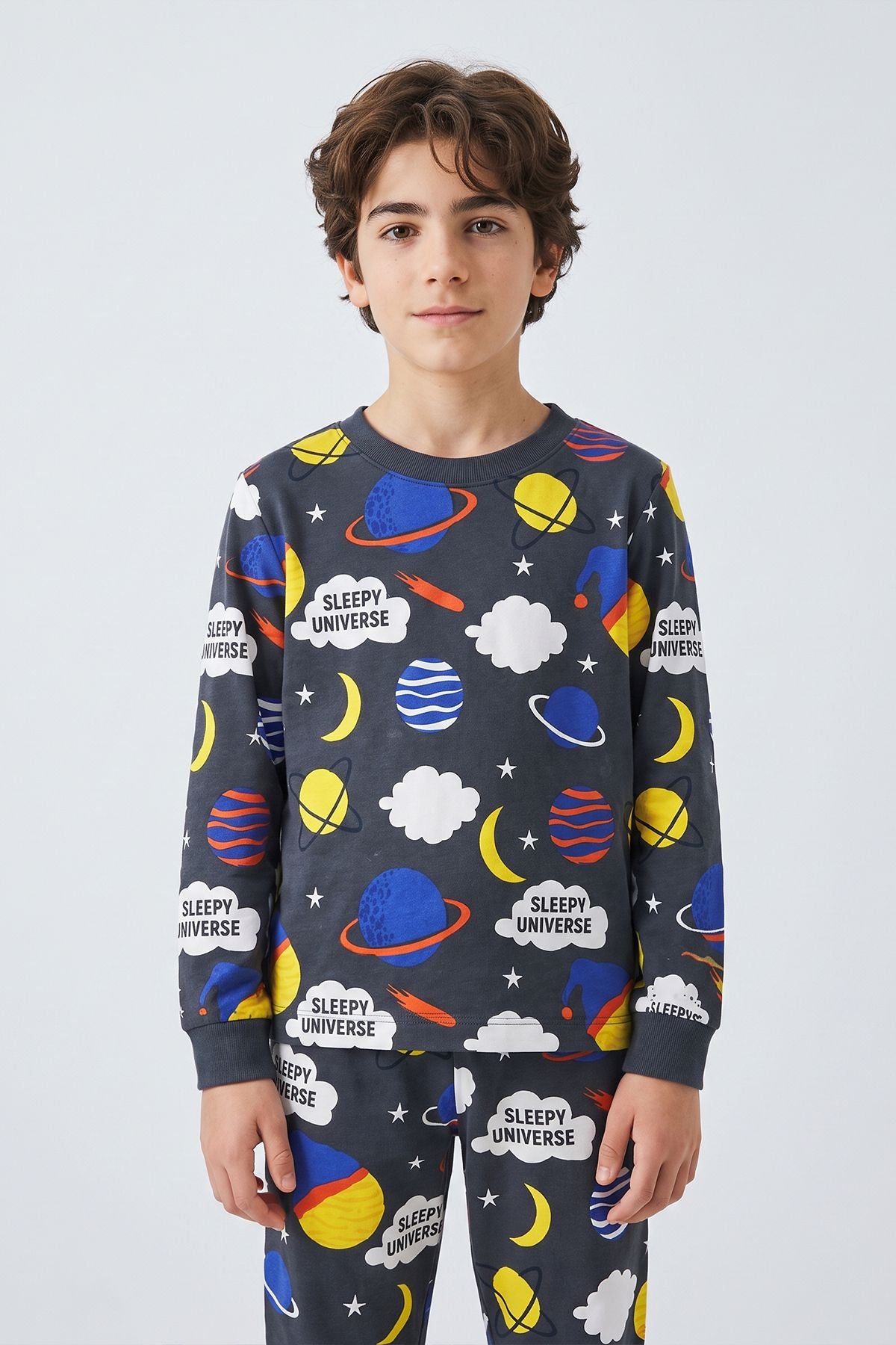 Planet Pattern Uzun Kollu Erkek Çocuk Pijama Takımı