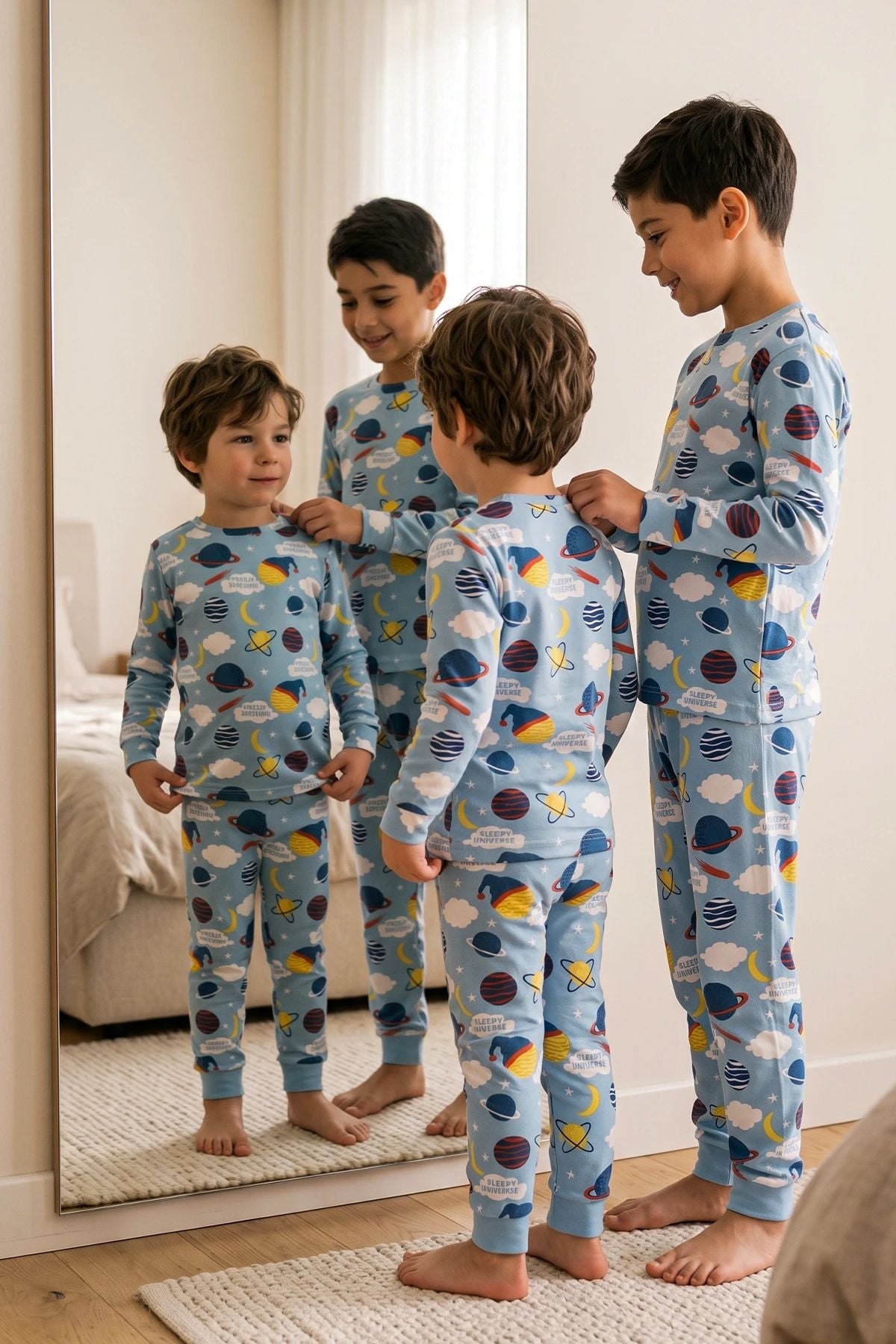 Planet Pattern Uzun Kollu Erkek Çocuk Pijama Takımı
