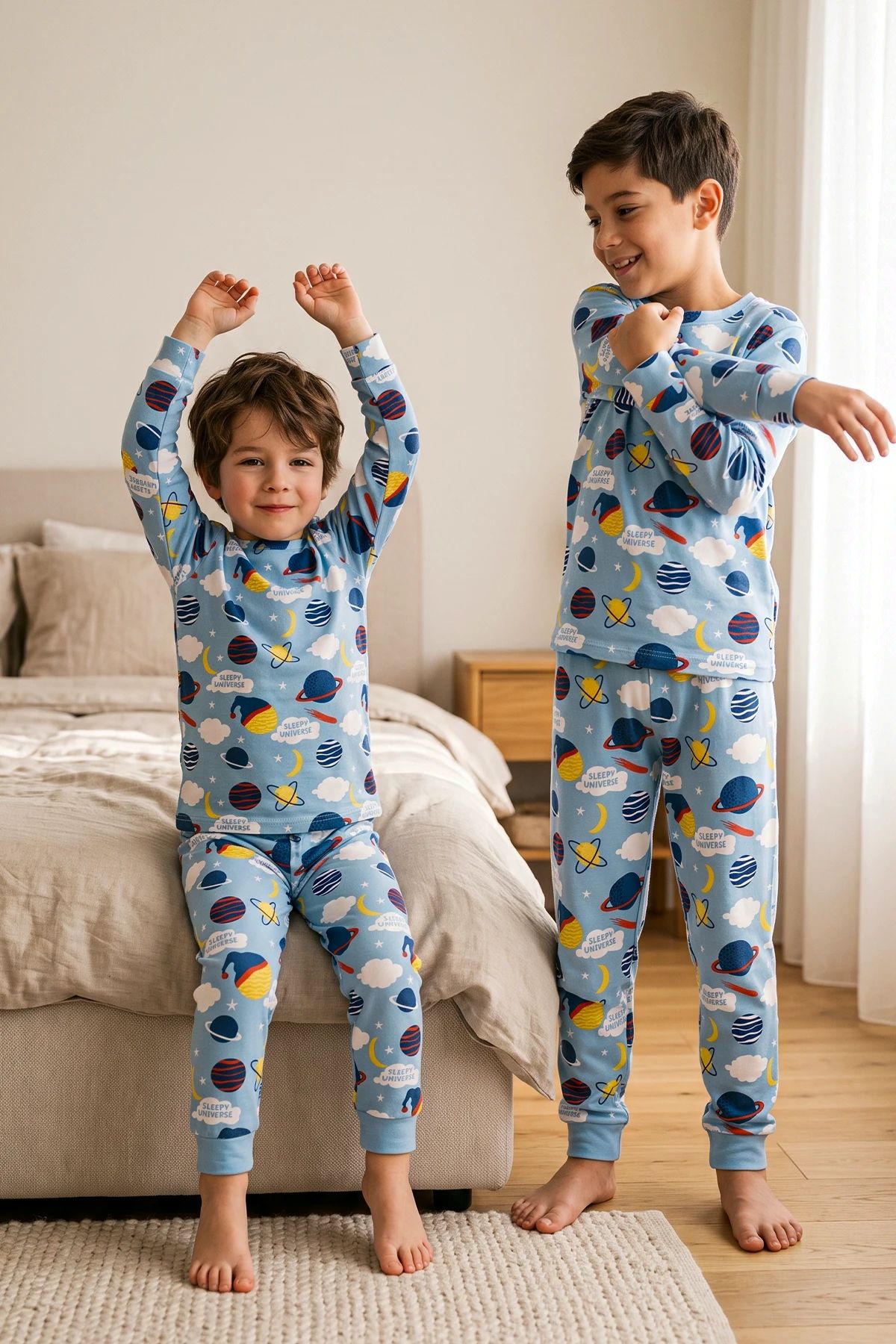 Planet Pattern Uzun Kollu Erkek Çocuk Pijama Takımı