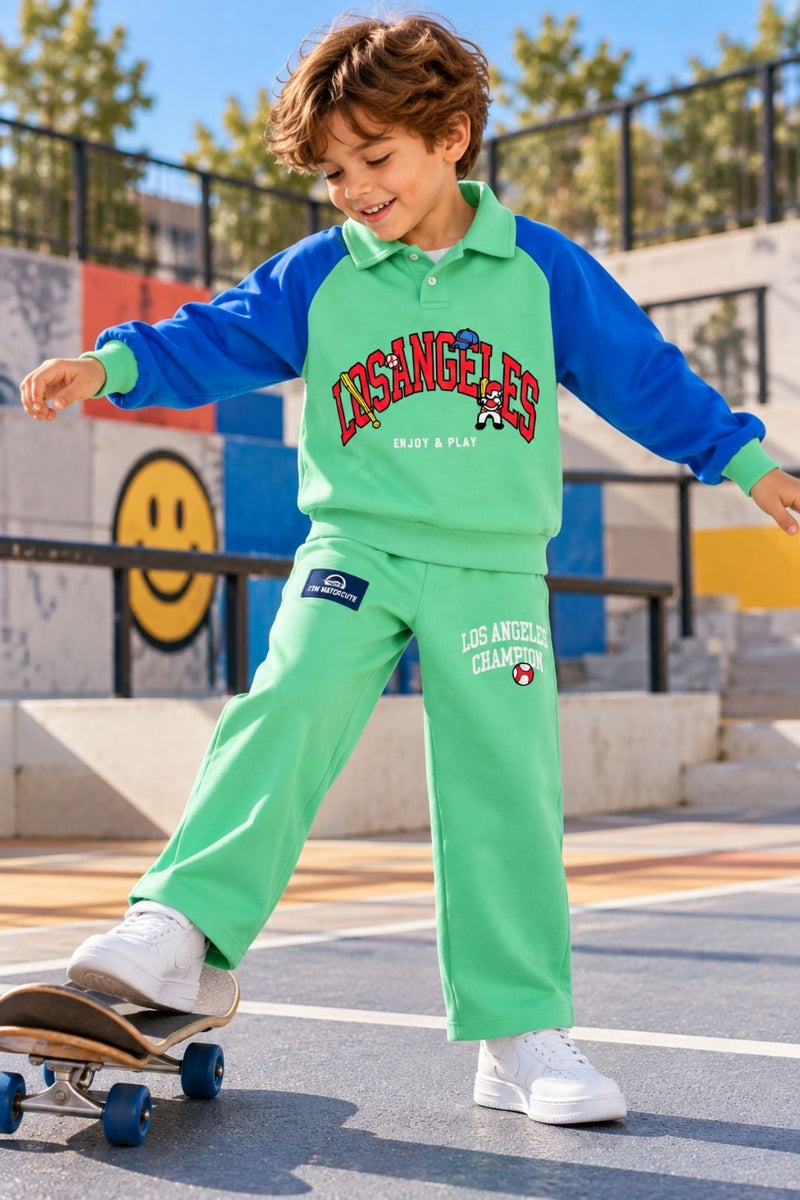 Polo Yaka Erkek Çocuk Losangeles Baskılı Uzun Kol Alt Üst Takım
