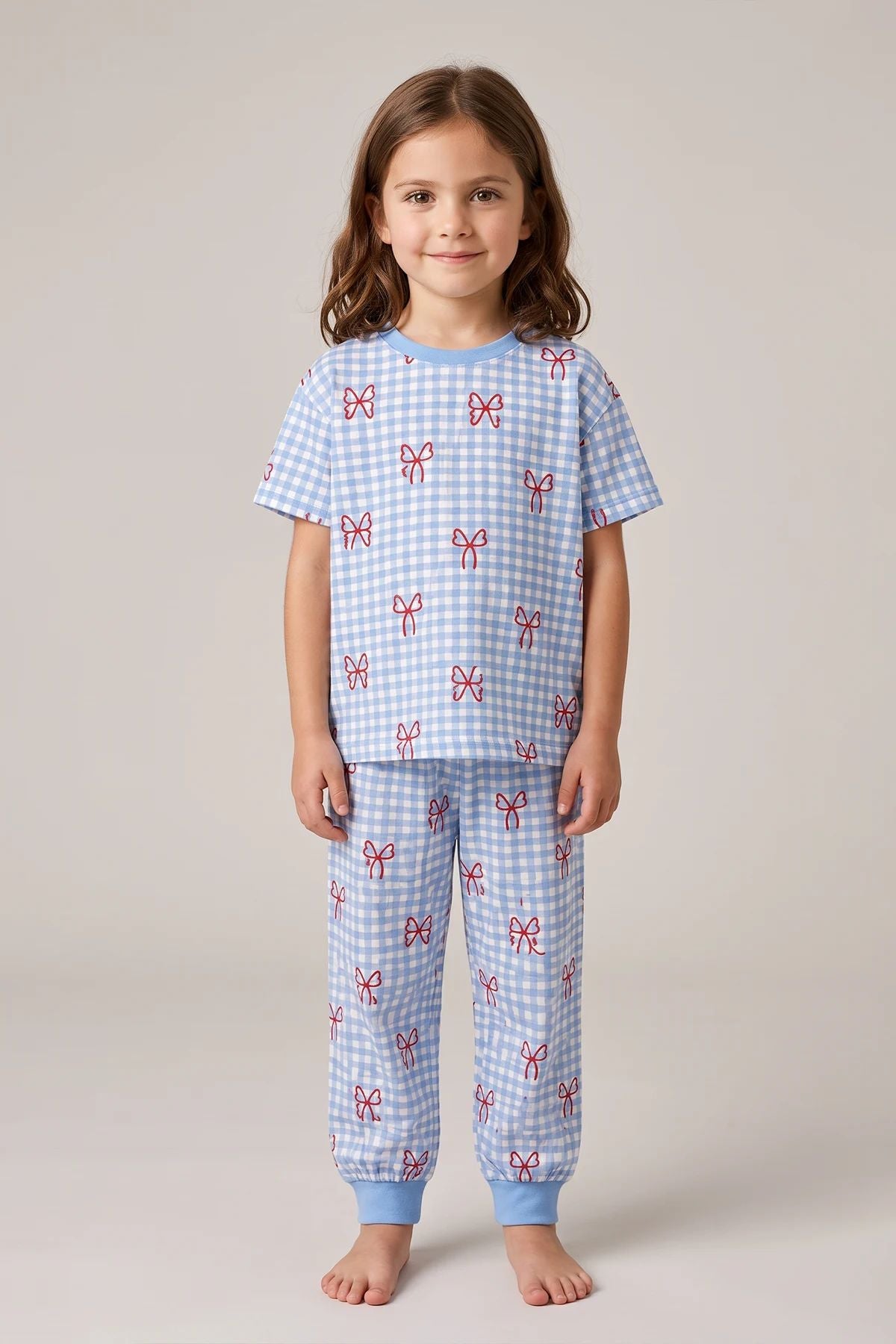 Kız Çocuk Pötikare Desenli Mavi Beyaz Renk Fiyonklu Kısa Kol %100 Pamuk Pijama Takımı