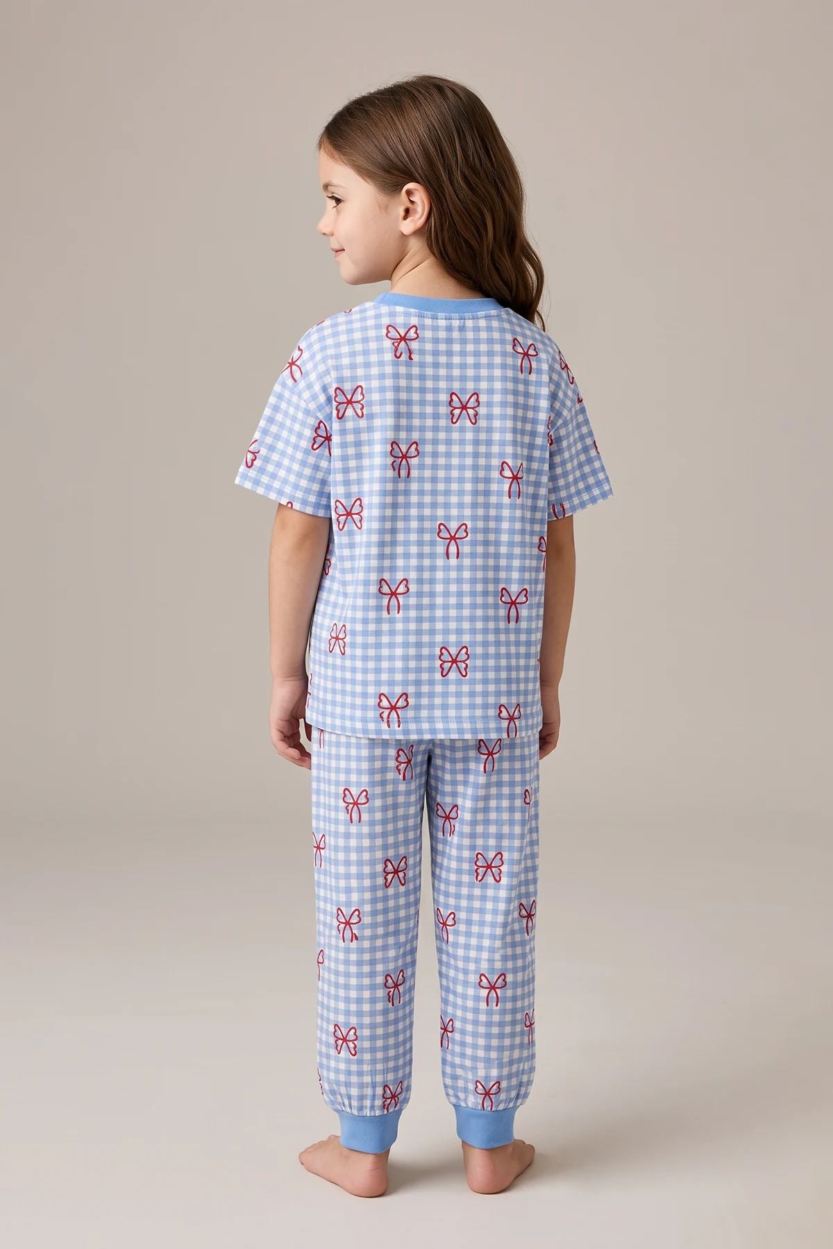 Kız Çocuk Pötikare Desenli Mavi Beyaz Renk Fiyonklu Kısa Kol %100 Pamuk Pijama Takımı