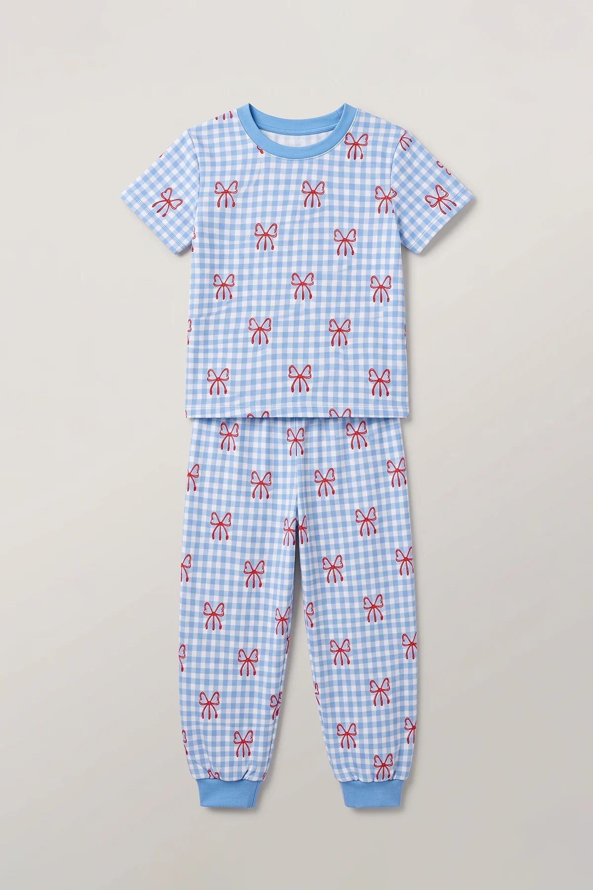 Kız Çocuk Pötikare Desenli Mavi Beyaz Renk Fiyonklu Kısa Kol %100 Pamuk Pijama Takımı