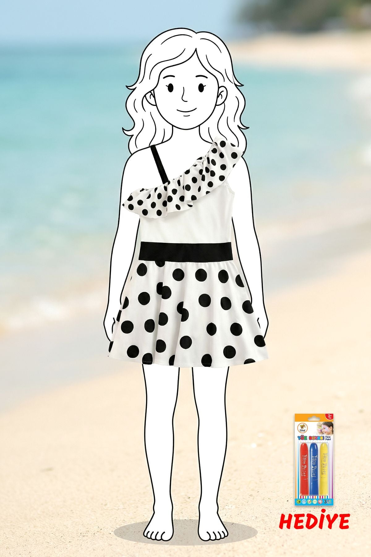 Puantiye Desenli Asimetrik Yaka Fırfırlı Kız Çocuk Elbise Mayo