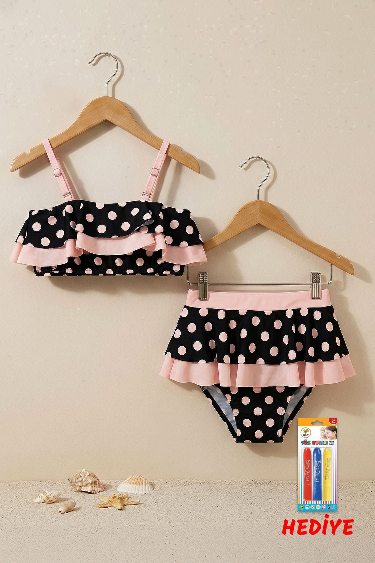 Puantiye Desenli Fırfırlı Siyah Renk Kız Çocuk Etekli Bikini Takımı