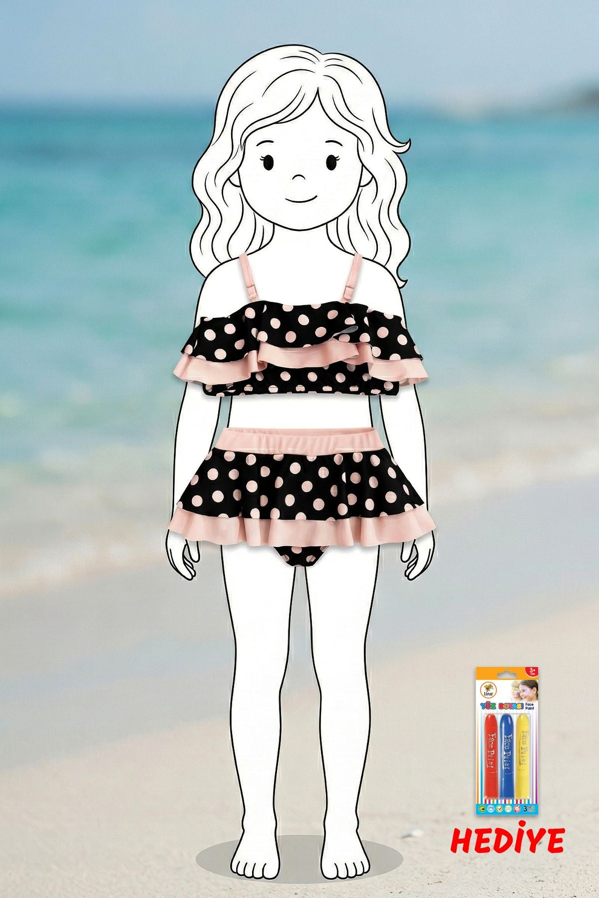 Puantiye Desenli Fırfırlı Siyah Renk Kız Çocuk Etekli Bikini Takımı