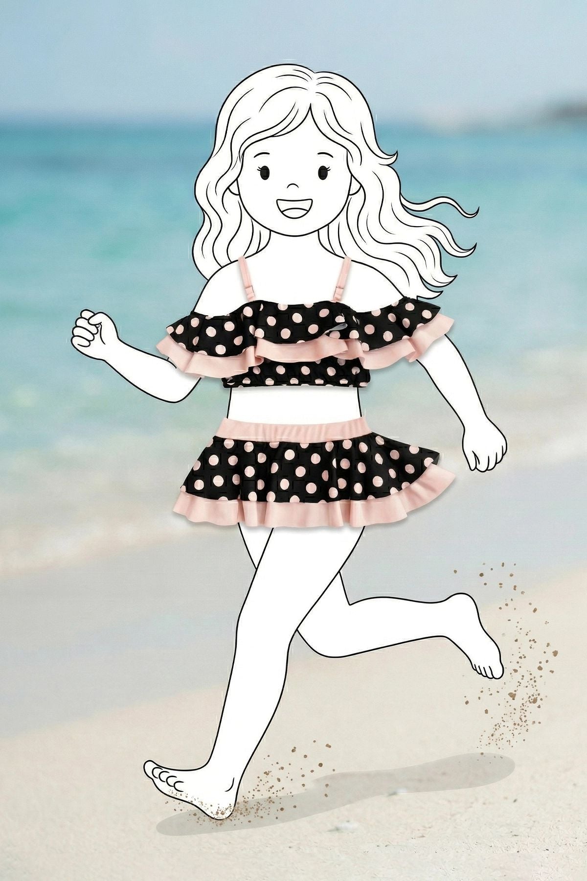 Puantiye Desenli Fırfırlı Siyah Renk Kız Çocuk Etekli Bikini Takımı