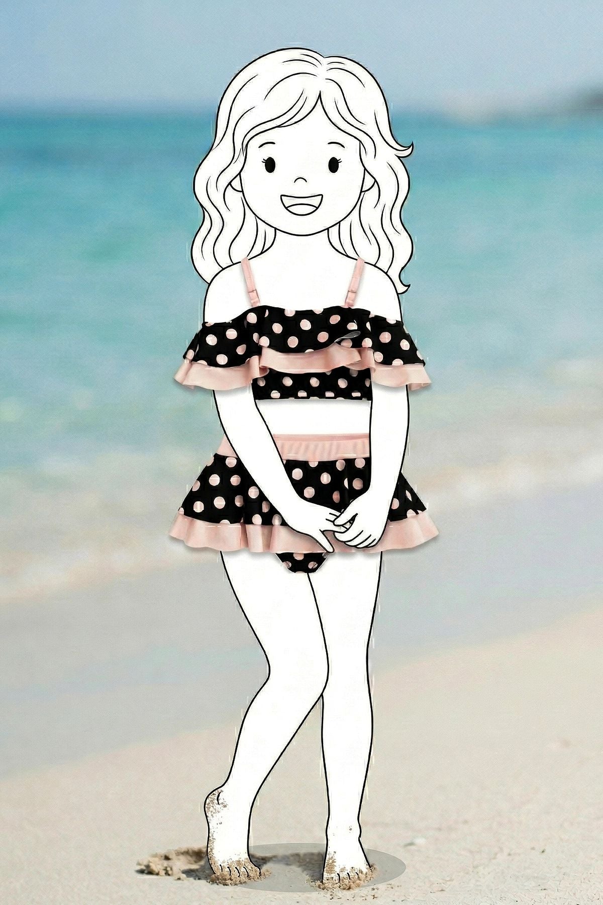 Puantiye Desenli Fırfırlı Siyah Renk Kız Çocuk Etekli Bikini Takımı