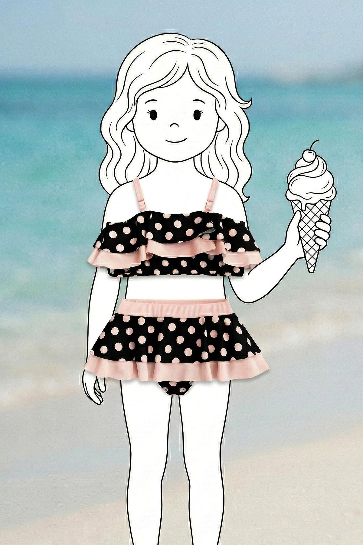 Puantiye Desenli Fırfırlı Siyah Renk Kız Çocuk Etekli Bikini Takımı