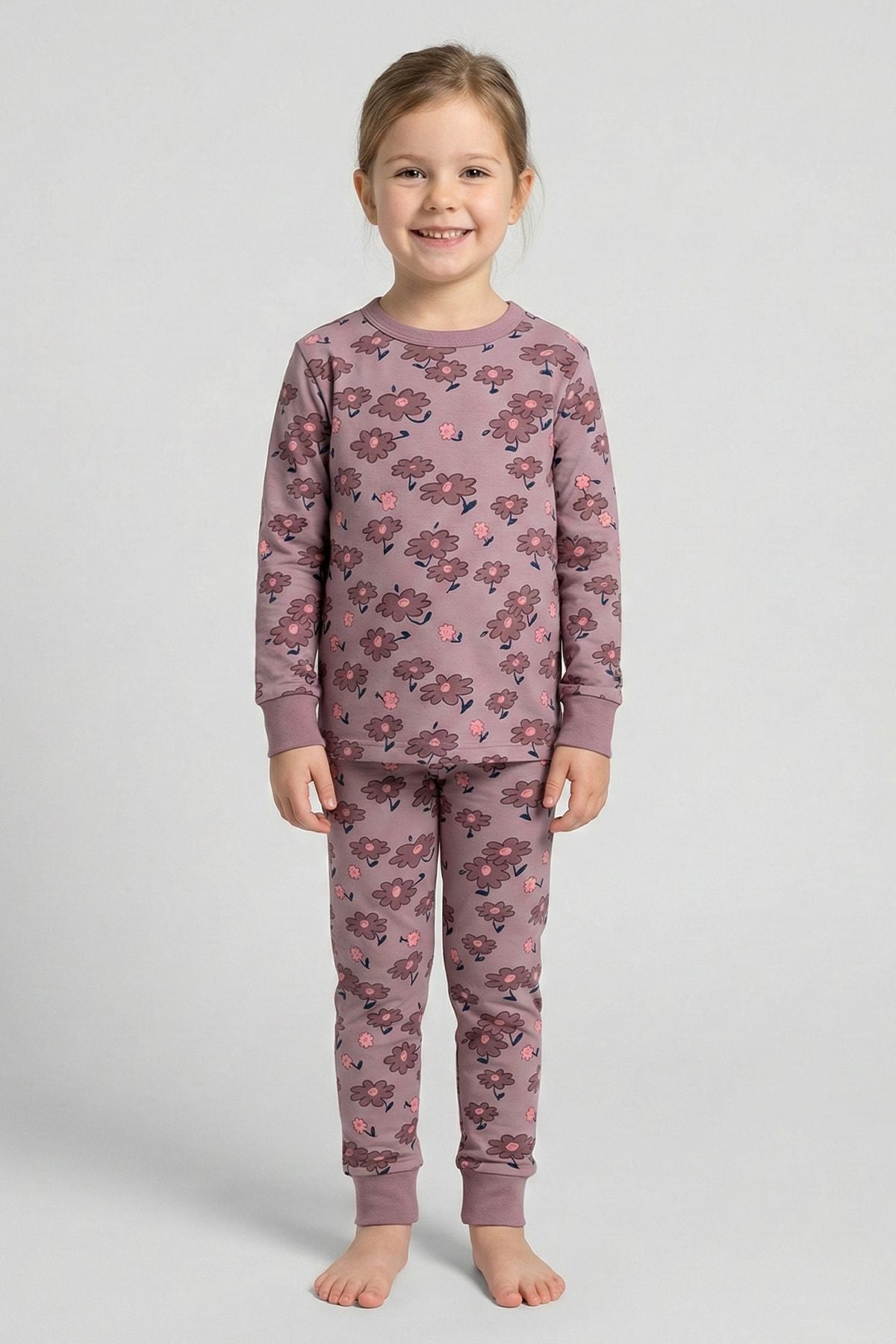 Purple Flower Desenli Kız Çocuk  Pijama Takımı