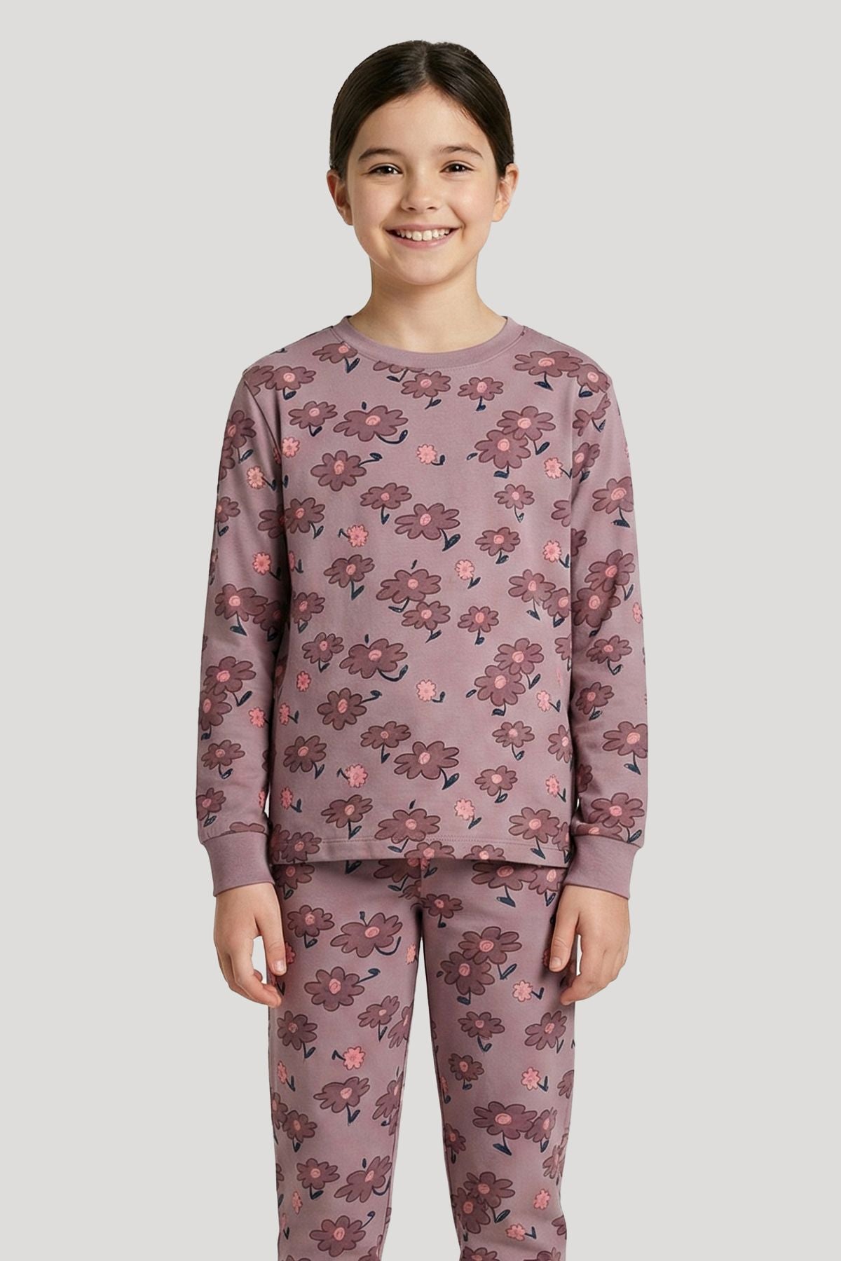 Purple Flower Desenli Kız Çocuk  Pijama Takımı