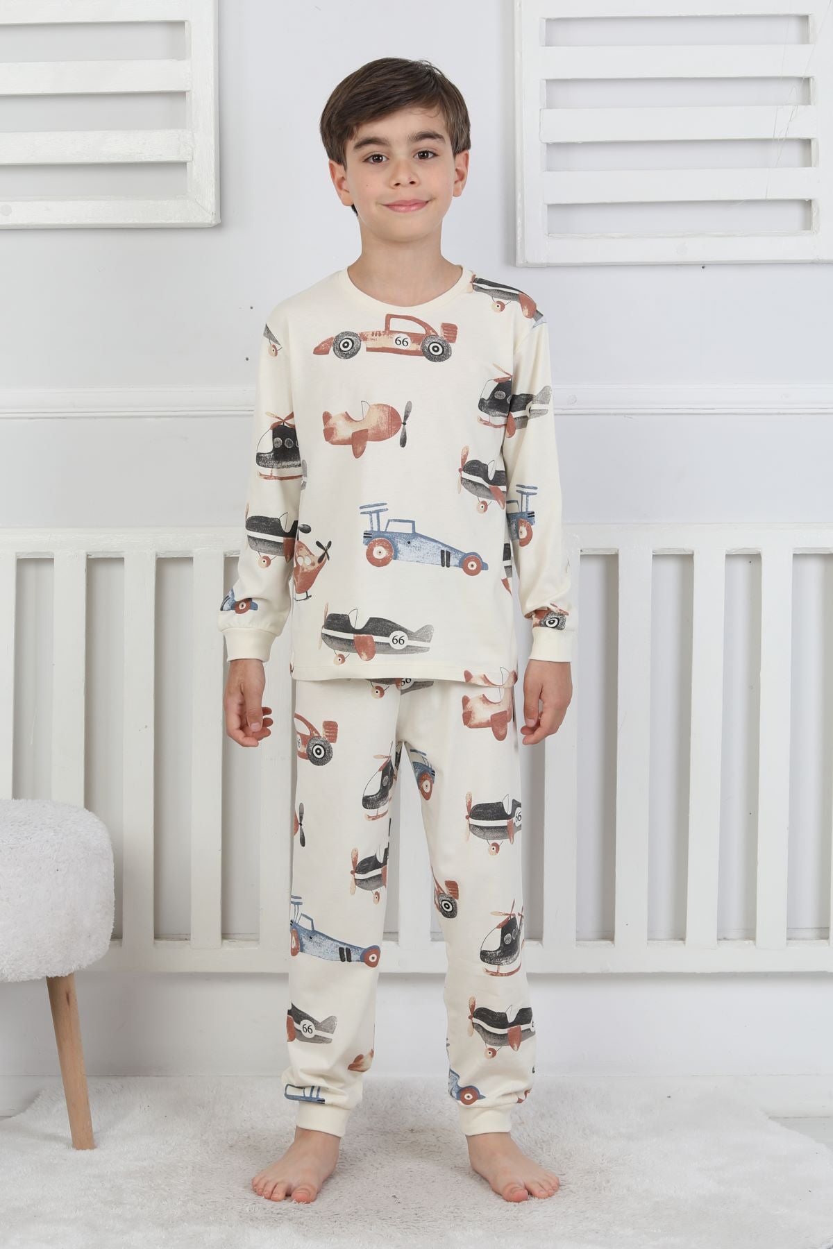 Racing Car And Aeroplane Desenli Erkek Çocuk Pijama Takımı