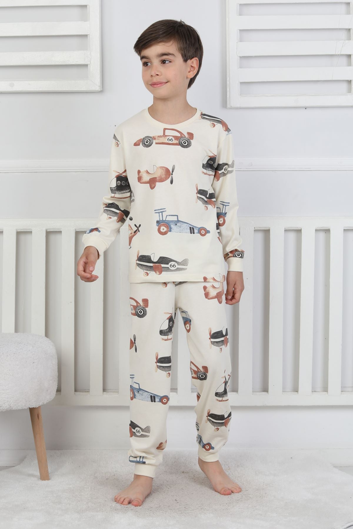 Racing Car And Aeroplane Desenli Erkek Çocuk Pijama Takımı