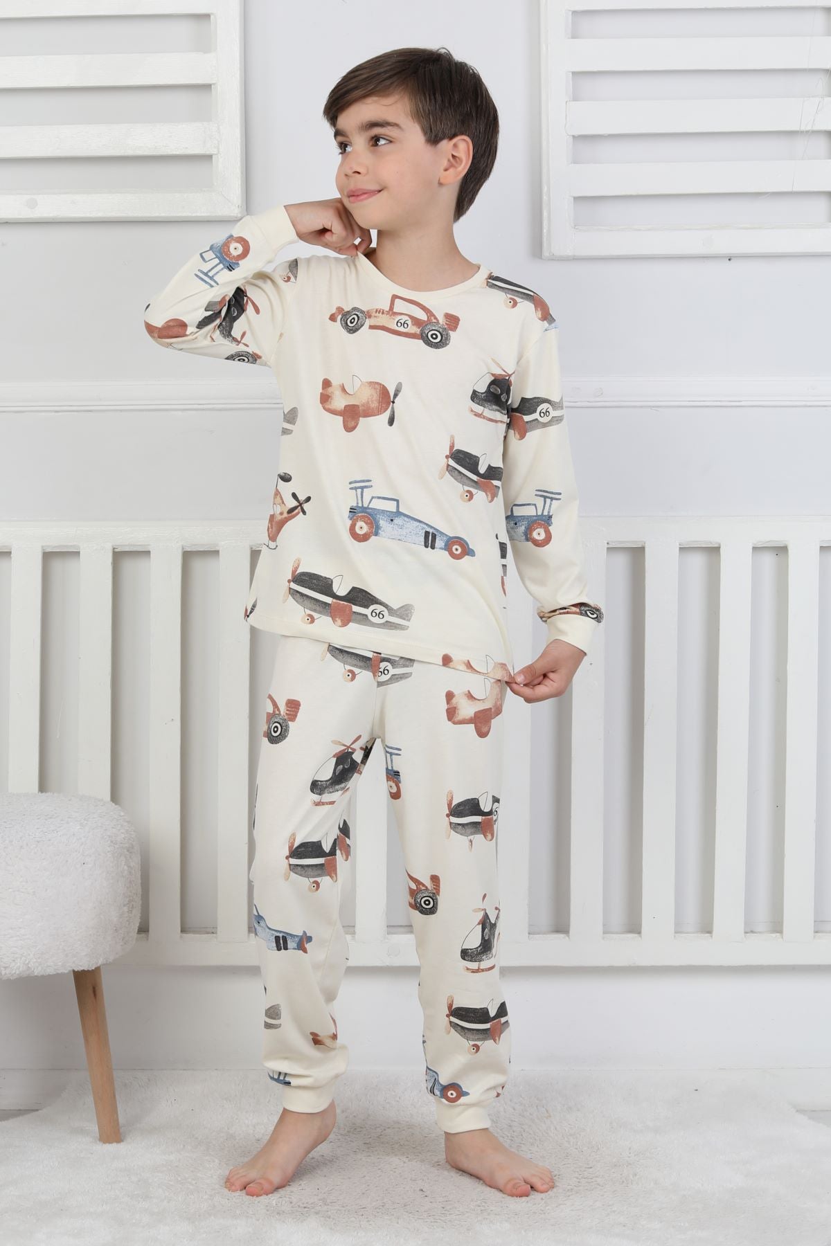 Racing Car And Aeroplane Desenli Erkek Çocuk Pijama Takımı