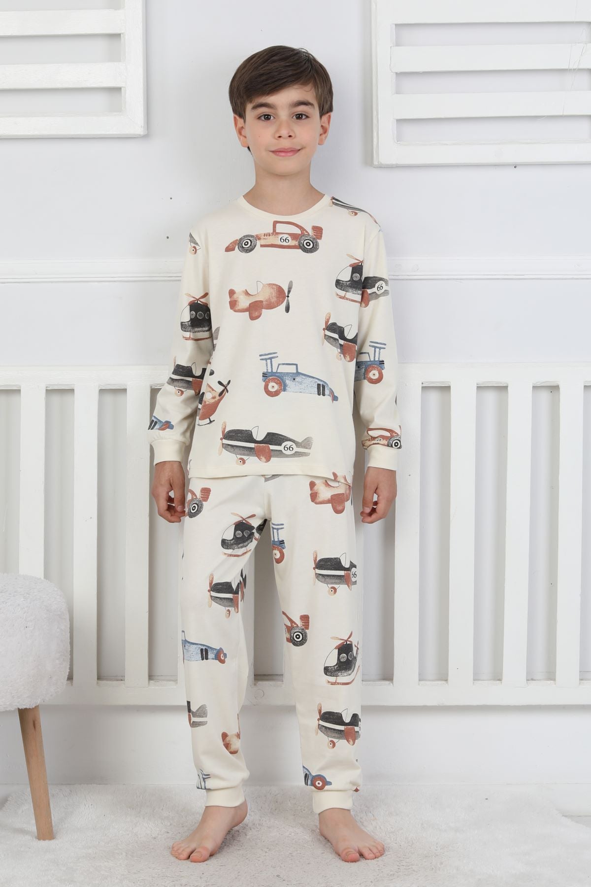 Racing Car And Aeroplane Desenli Erkek Çocuk Pijama Takımı