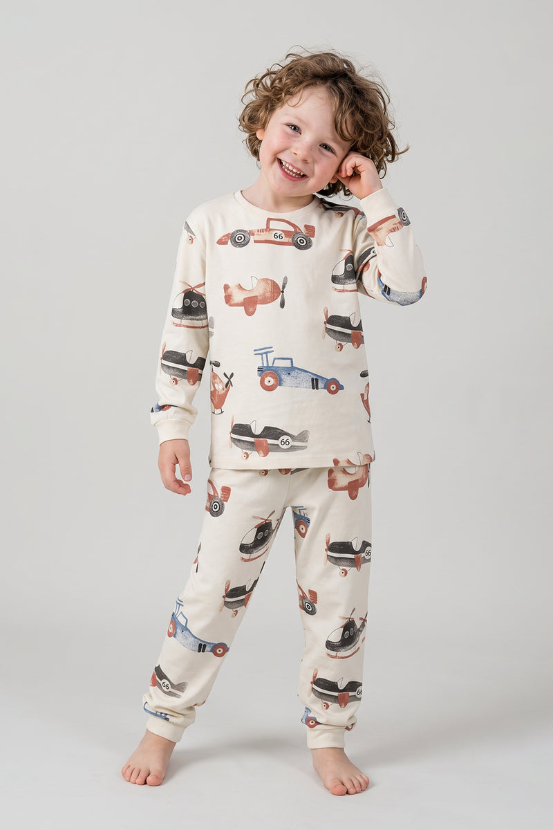 Racing Car And Aeroplane Desenli Erkek Çocuk Pijama Takımı