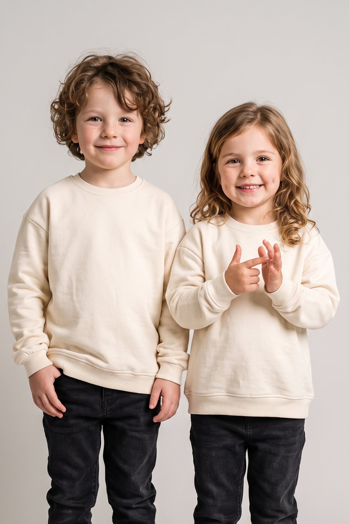 Basic Bisiklet Yaka Şardonlu Çocuk Sweatshirt 3-10 Yaş Krem