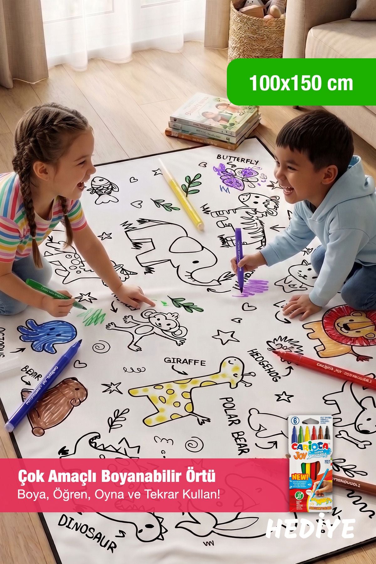 Sevimli Hayvanlar Temalı 100X150 CM Boyutlu boyanabilir Çok Amaçlı Örtü Oyun Halısı - Yıkanabilir Boya Hediyeli