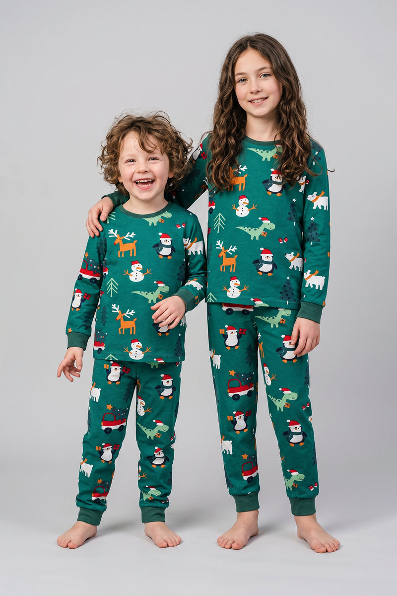 Sevimli Kardan Adam-Penguen Desenli %100 Pamuk Unisex Çocuk Pijama Takımı
