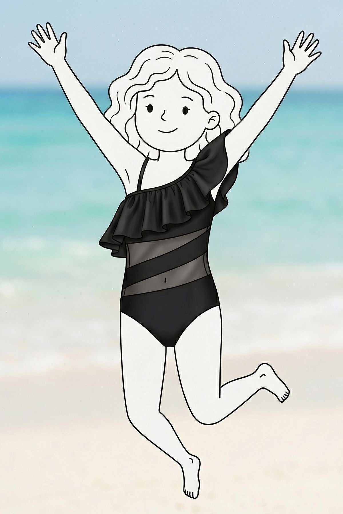 Siyah Renk Kız Çocuk Tül Detaylı Şık Mayo