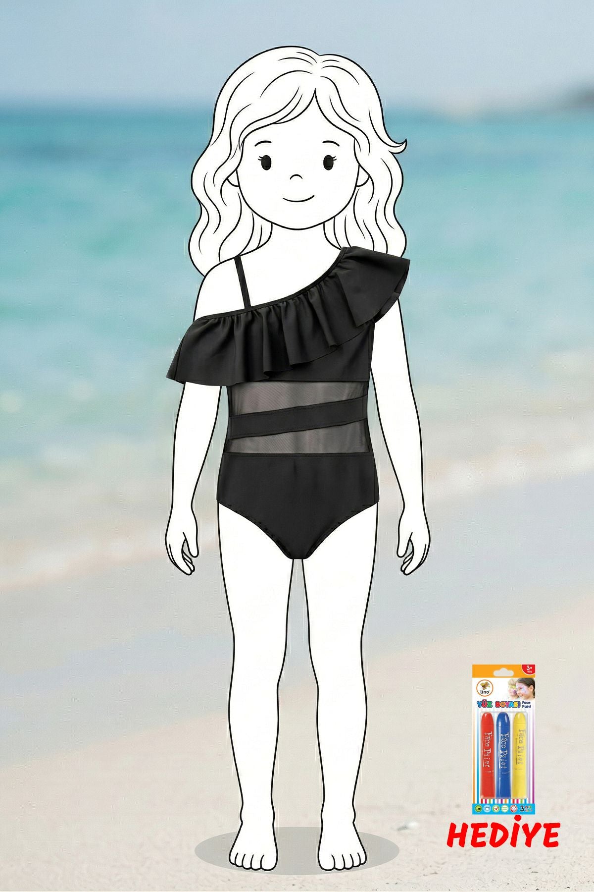 Siyah Renk Kız Çocuk Tül Detaylı Şık Mayo