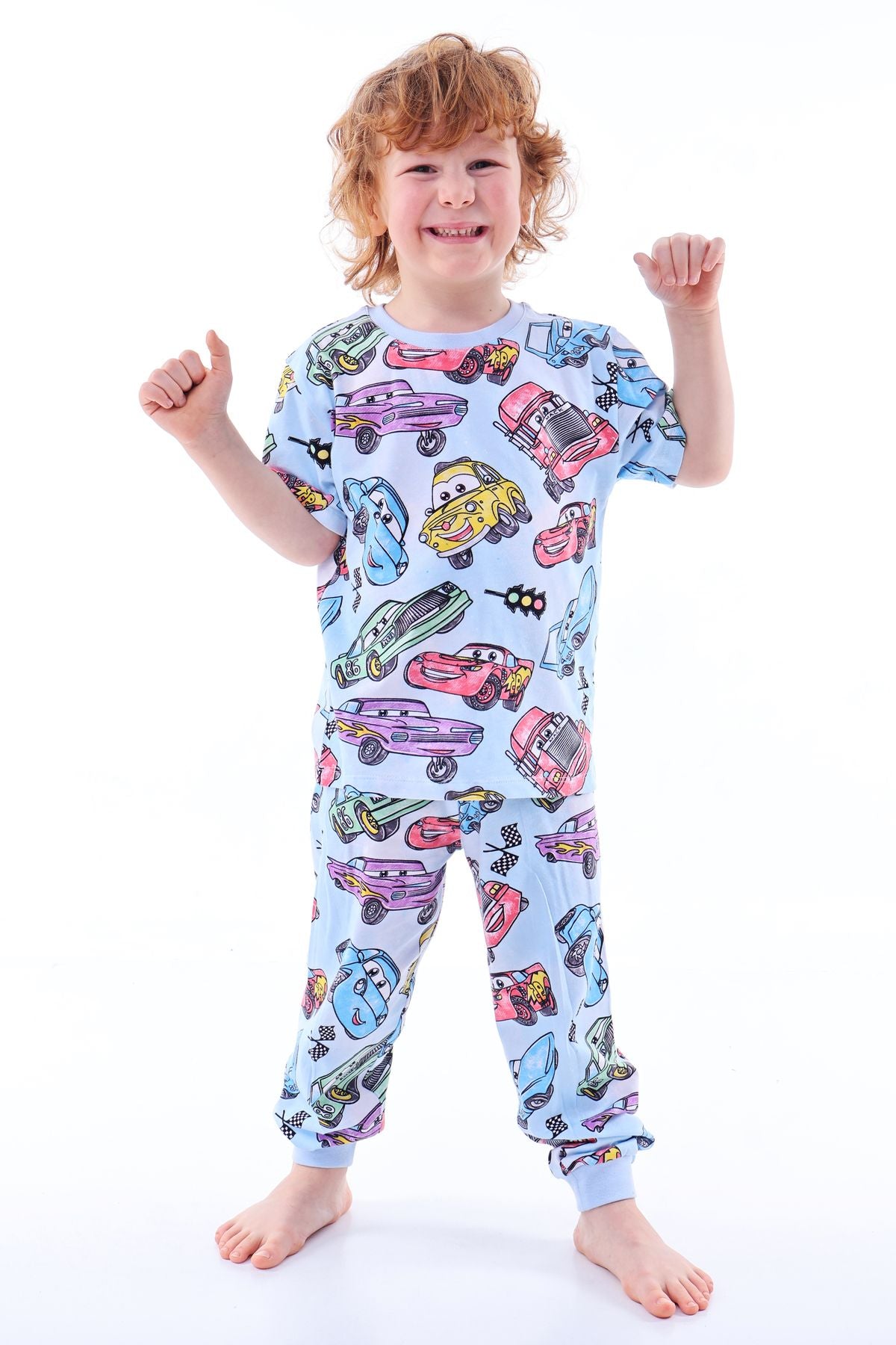 Süper Arabalar Desenli KısaKollu Çocuk Pijama Takımı 3-8 Yaş