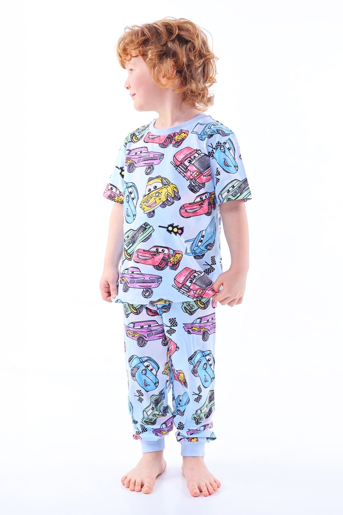 Süper Arabalar Desenli KısaKollu Çocuk Pijama Takımı 3-8 Yaş