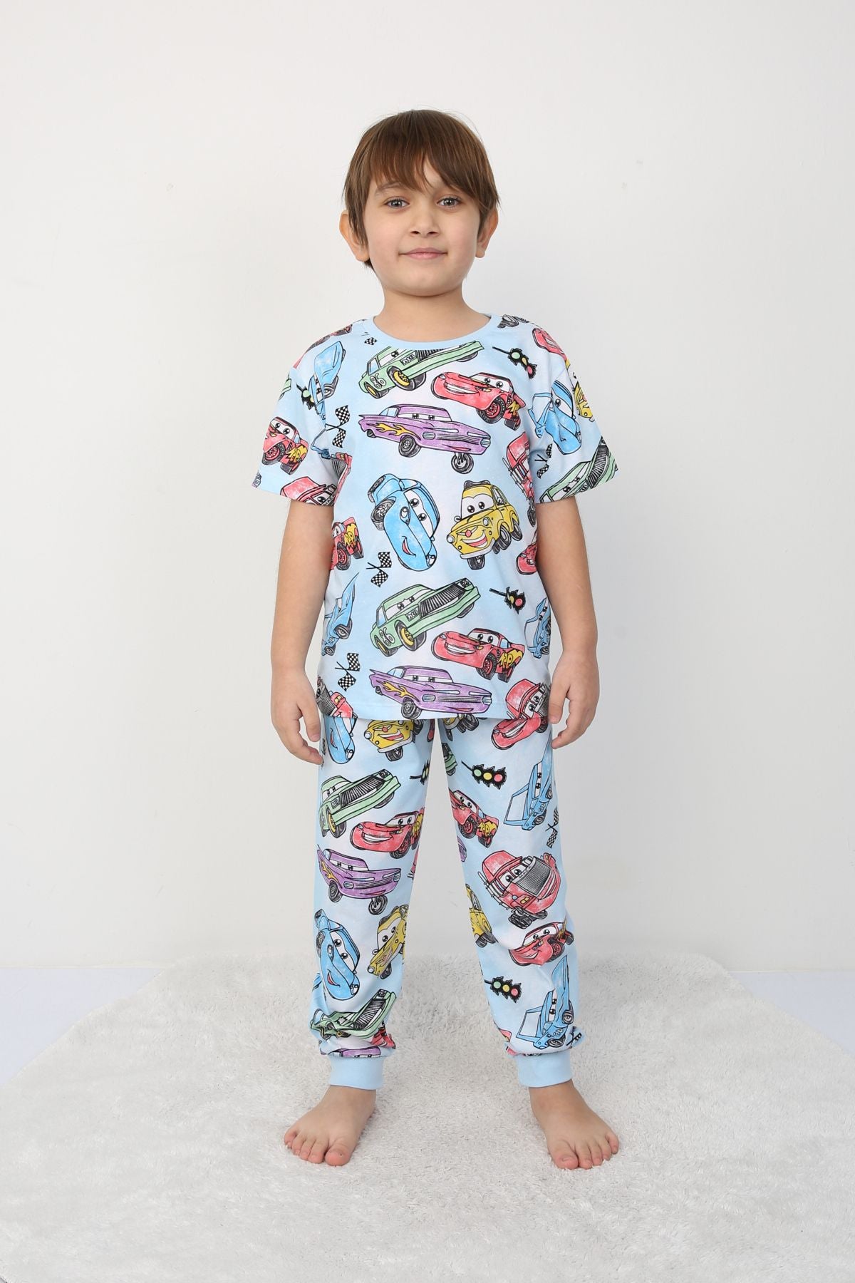Süper Arabalar Desenli KısaKollu Çocuk Pijama Takımı 3-8 Yaş