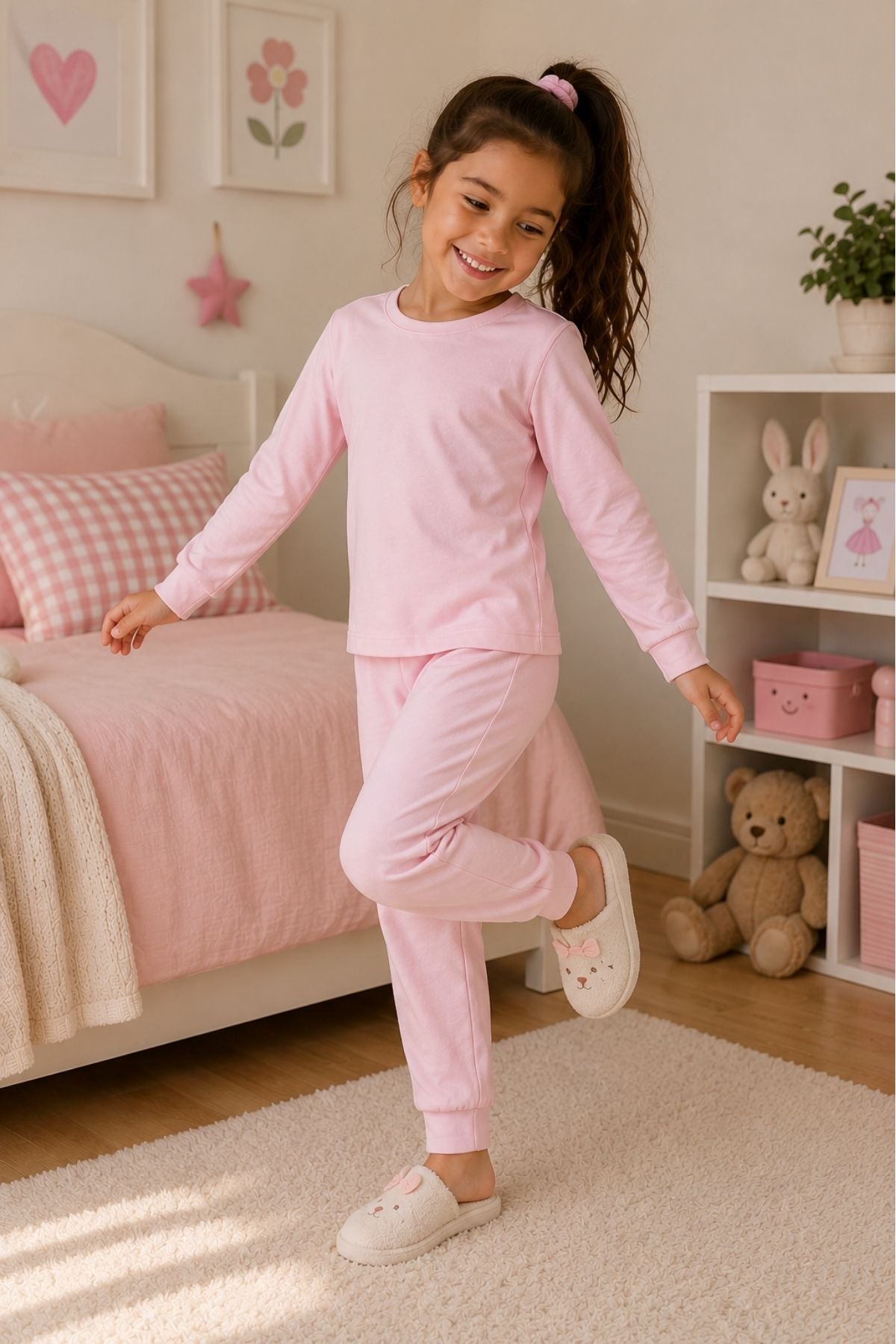 Soft Pink %100 Pamuk Basic Kız Çocuk Pijama Takımı