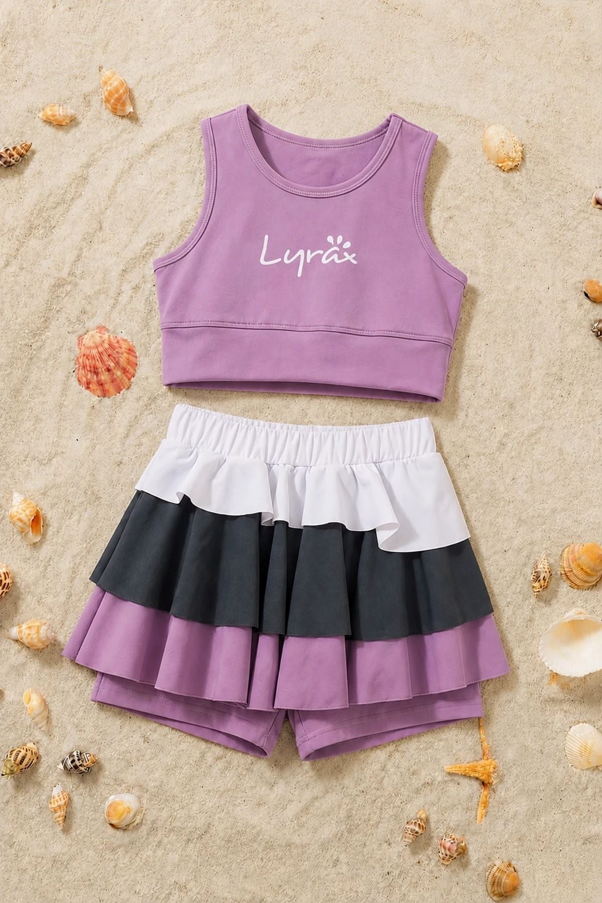 Sportif Renkli Şort Etekli Lila Crop Alt Üst Takım