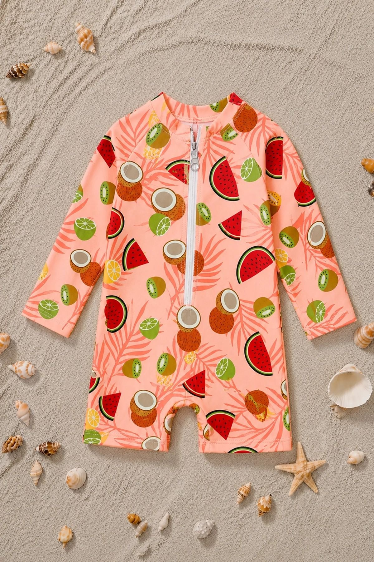 Summer Fruit Desenli Kız Bebek Uzun Kollu Fermuarlı Tulum Mayo