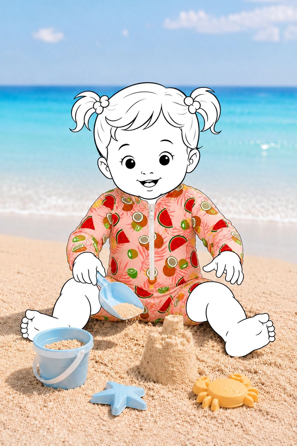Summer Fruit Desenli Kız Bebek Uzun Kollu Fermuarlı Tulum Mayo