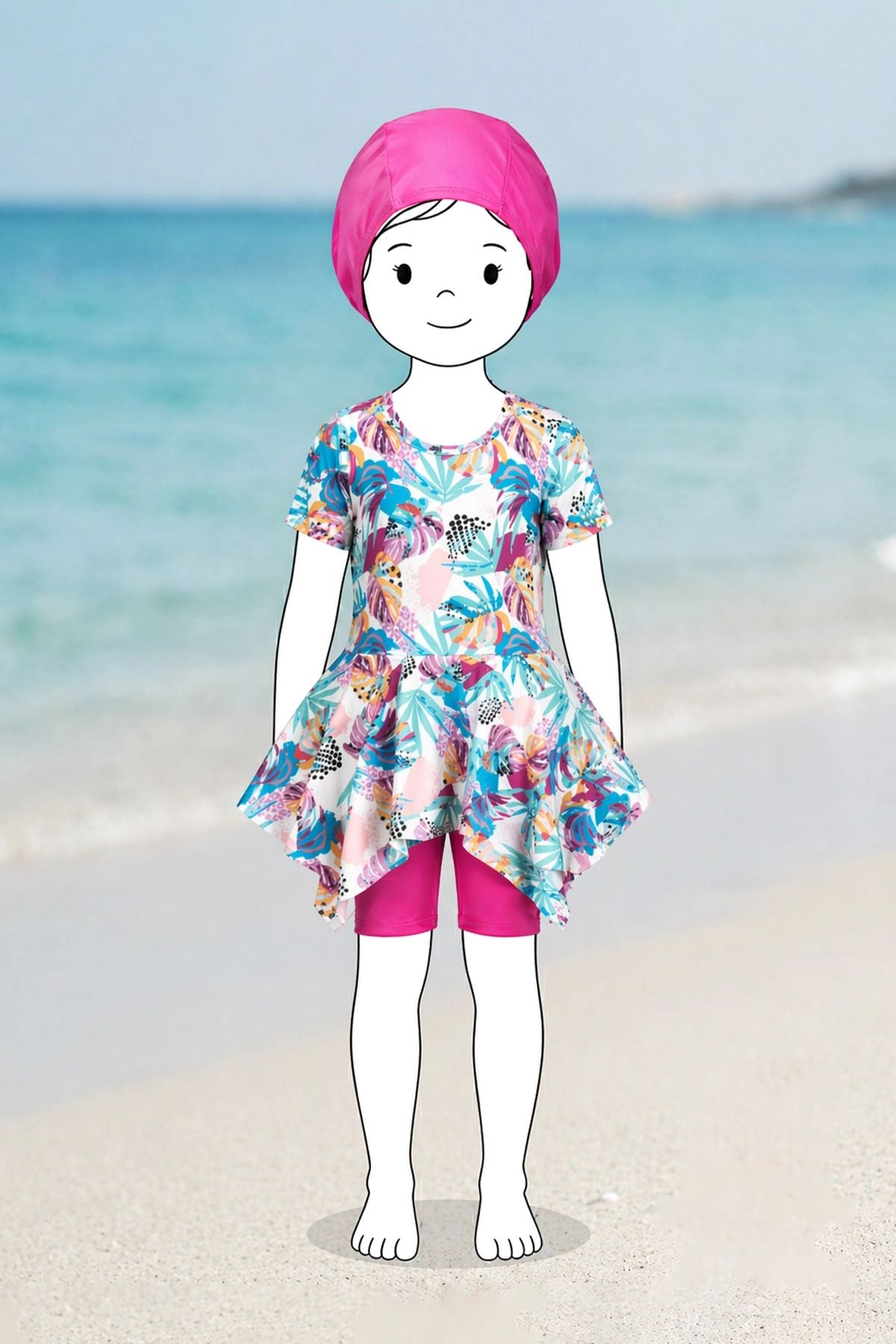Summer Tropic Kız Çocuk Boneli Mayo Takımı - Yüz Boyaması Hediyeli