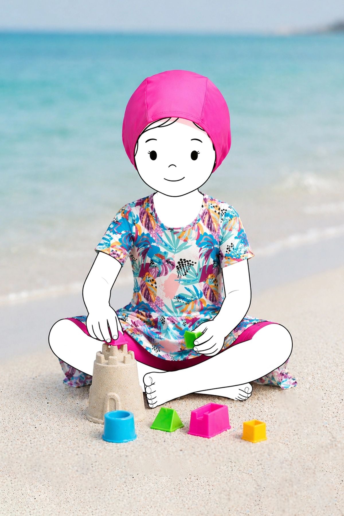 Summer Tropic Kız Çocuk Boneli Mayo Takımı - Yüz Boyaması Hediyeli