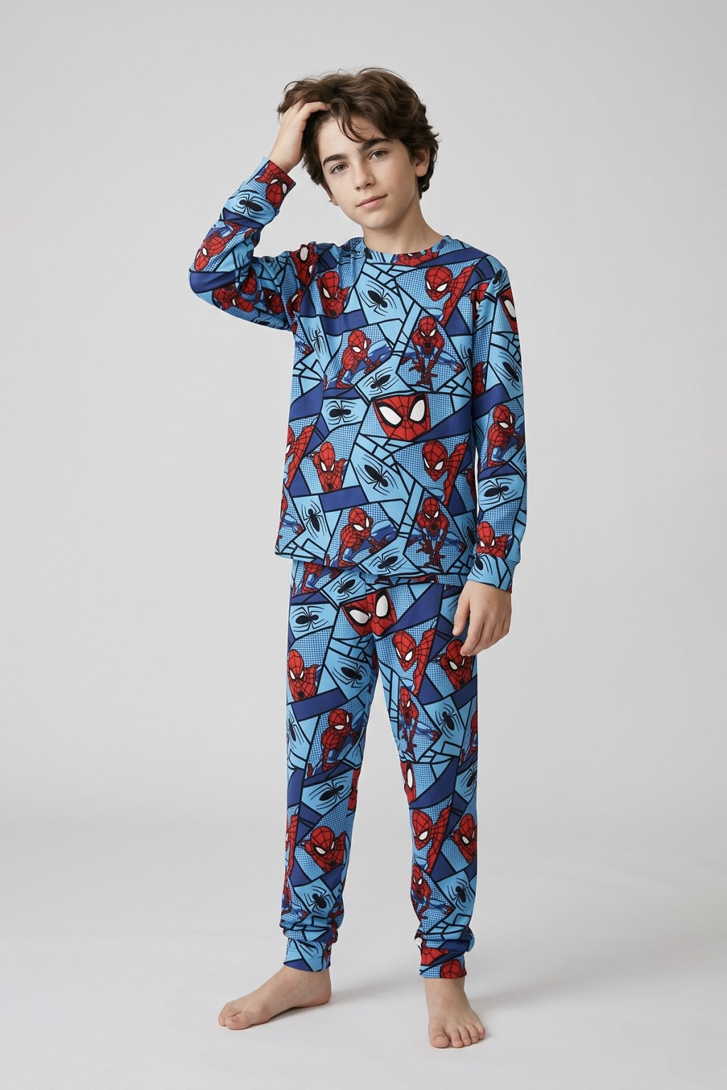 Süper Kahraman Desenli Turkuaz Renk Uzun Kol Erkek Çocuk Pijama Takımı