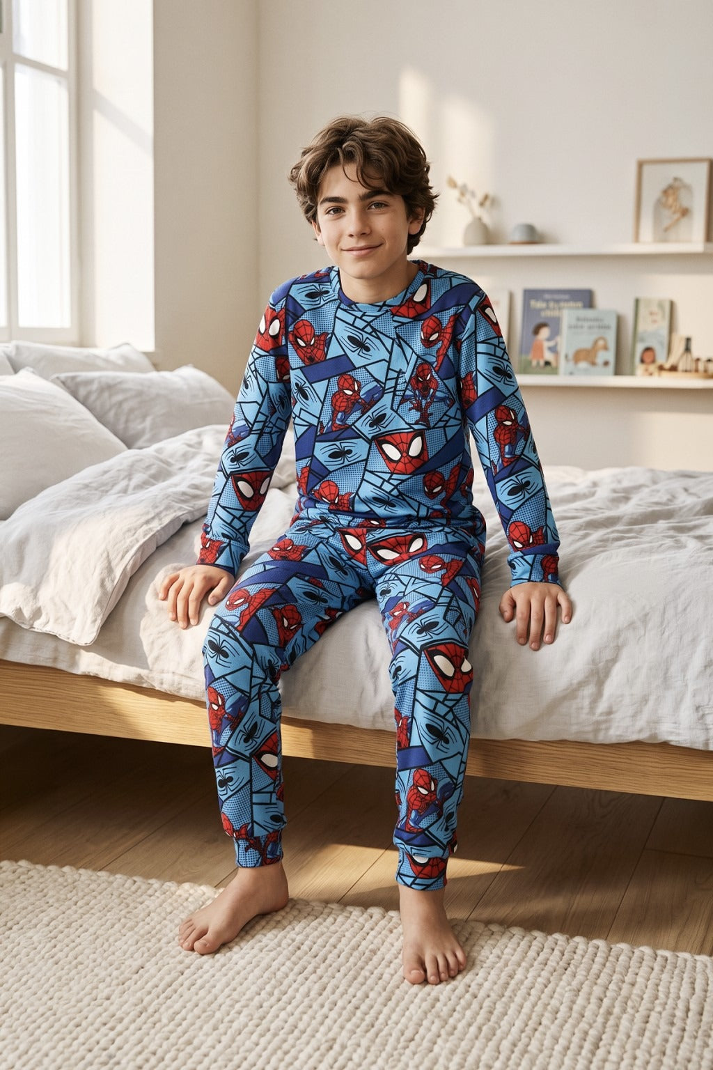 Süper Kahraman Desenli Turkuaz Renk Uzun Kol Erkek Çocuk Pijama Takımı