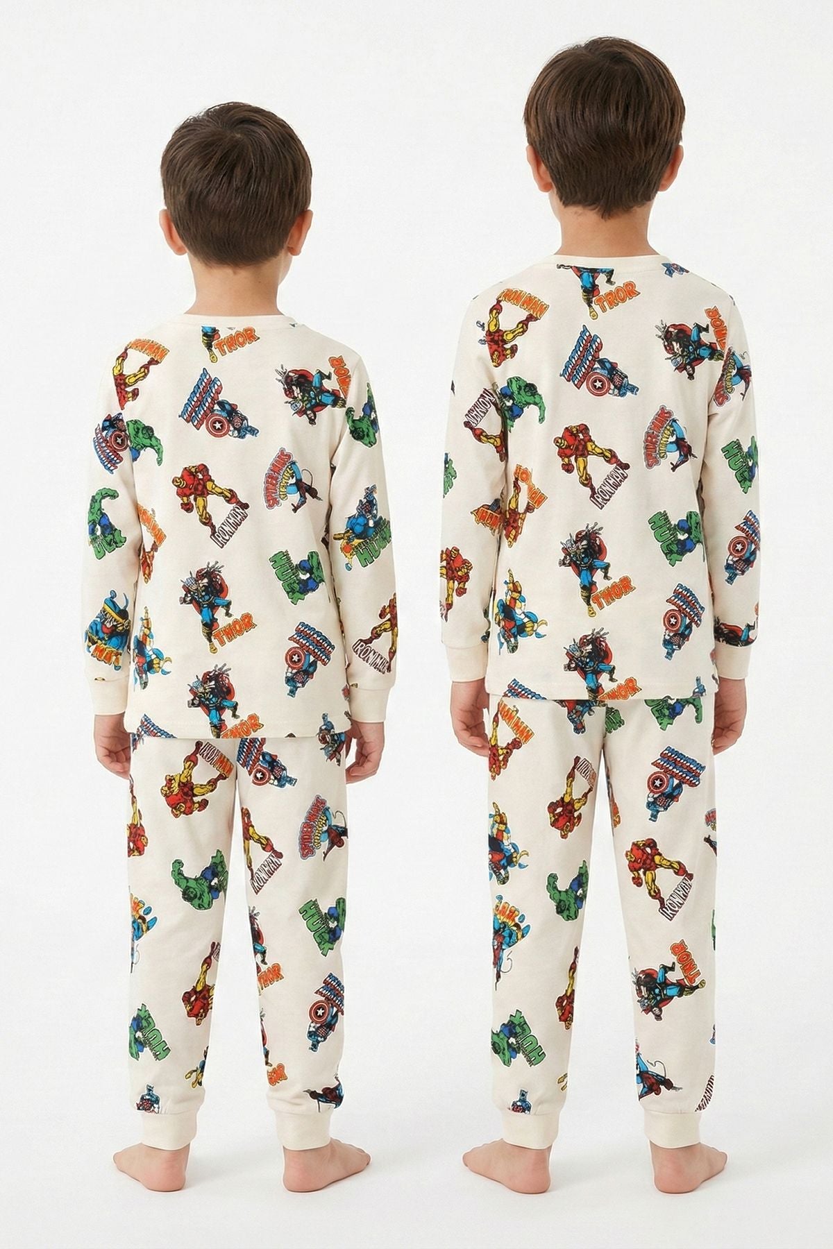 Süper Kahramanlar Desenli %100 Pamuk Beyaz Erkek Çocuk Pijama Takımı